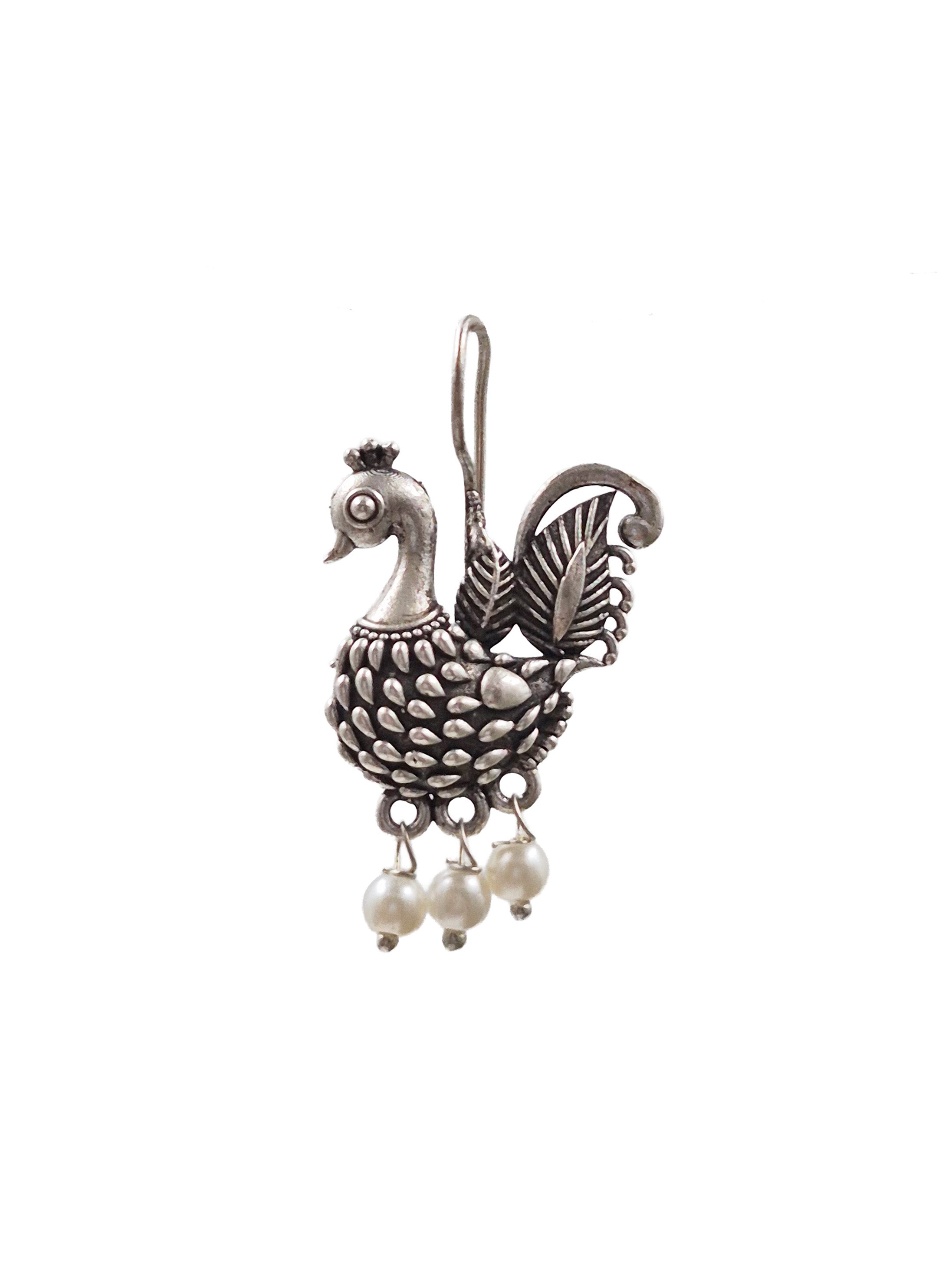 PEARL PLUME PEACOCK SILVER LOOKALIKE DANGLER EARRINGS