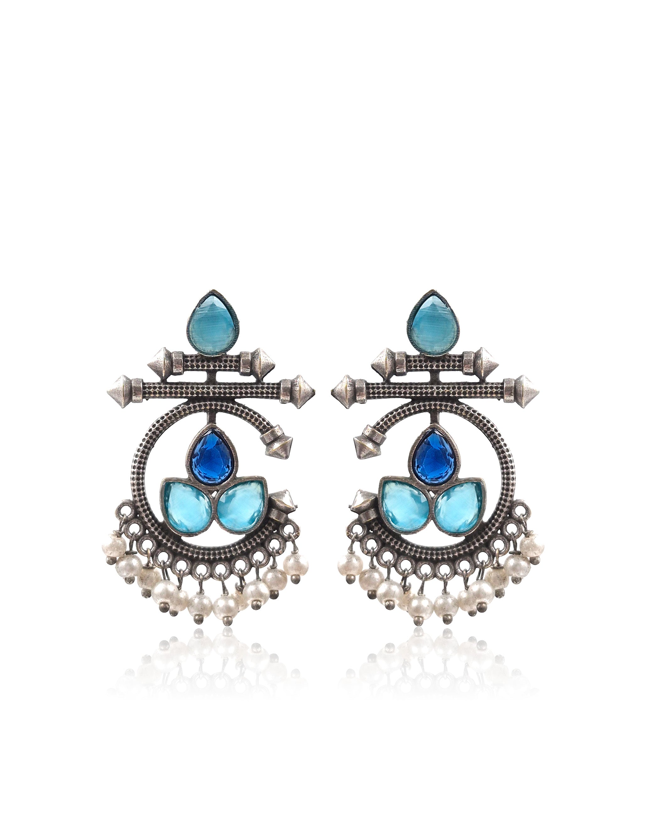 Azure Bloom Oxidised Chandbali Stone Earrings