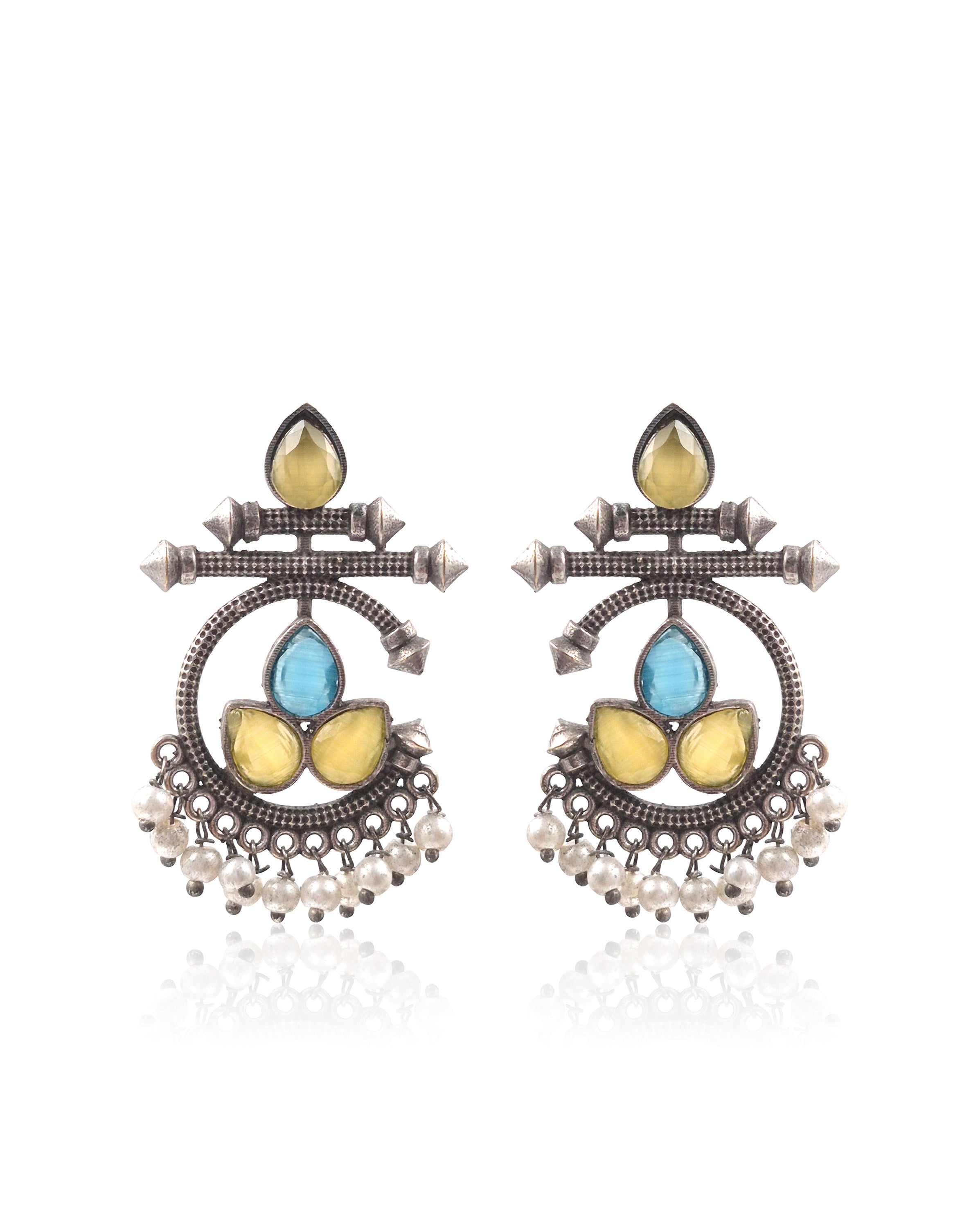 Azure Bloom Oxidised Chandbali Stone Earrings