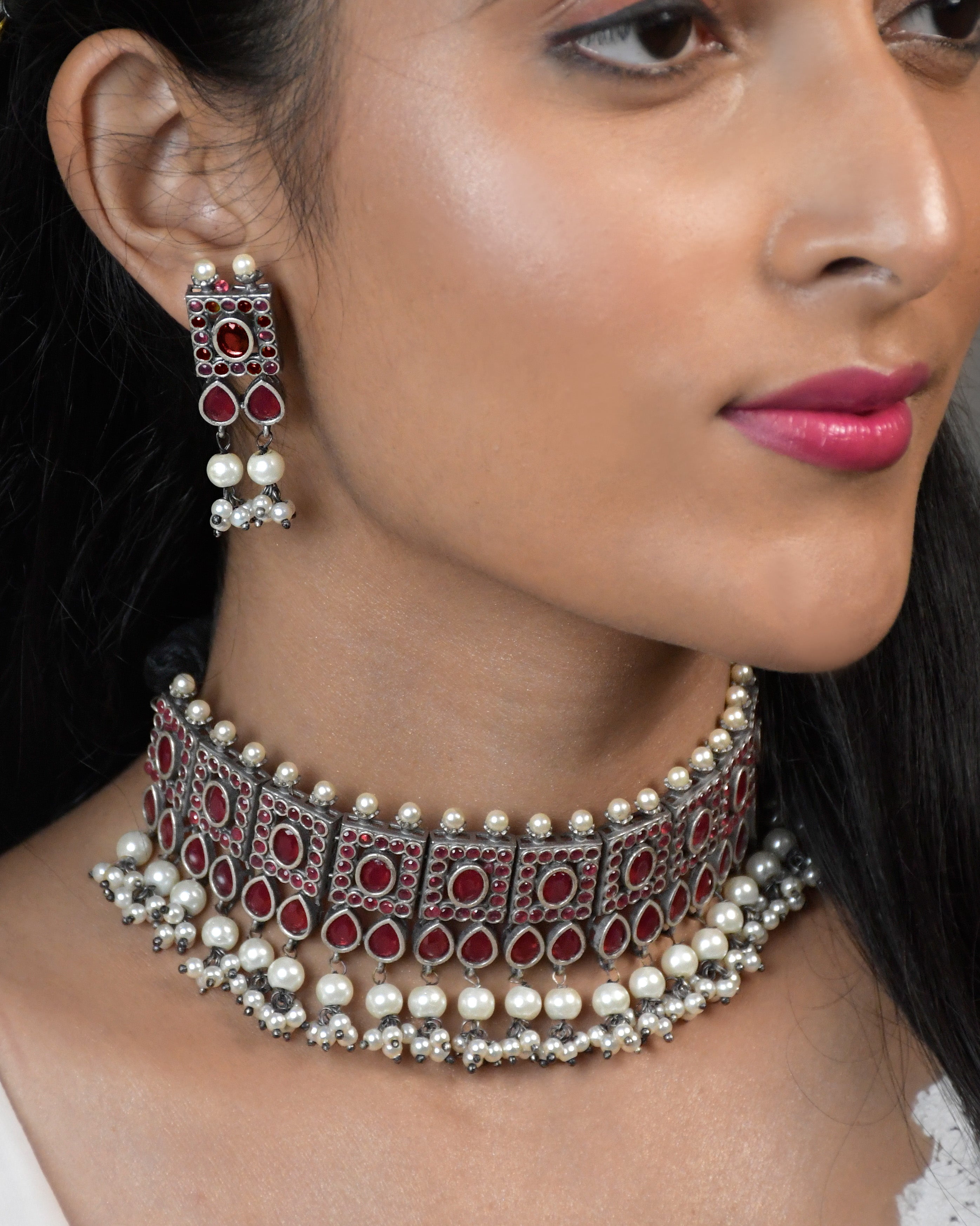 Ziva Silver Lookalike Stone Necklace Set