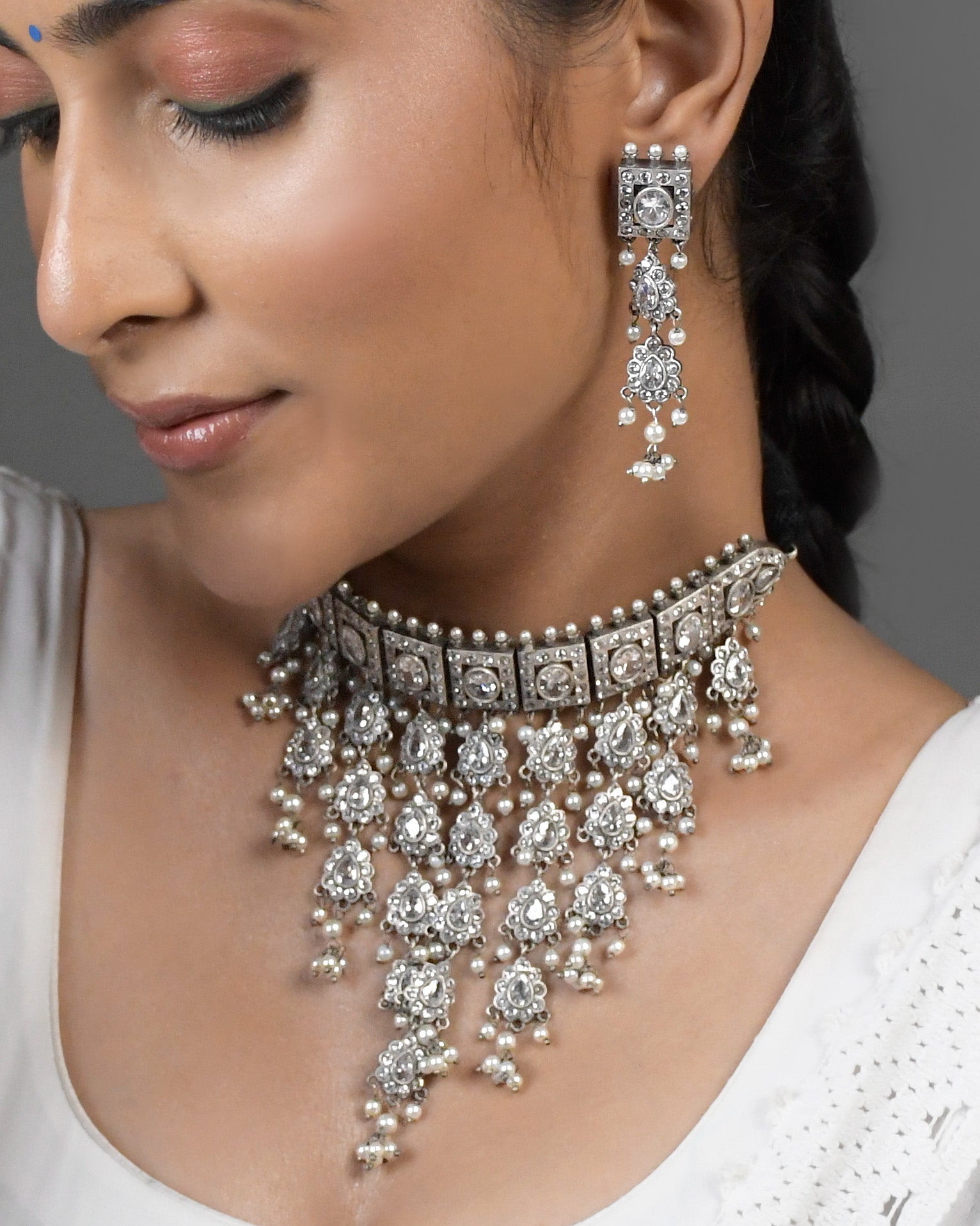 Aditi Silver Lookalike Stone Necklace Set
