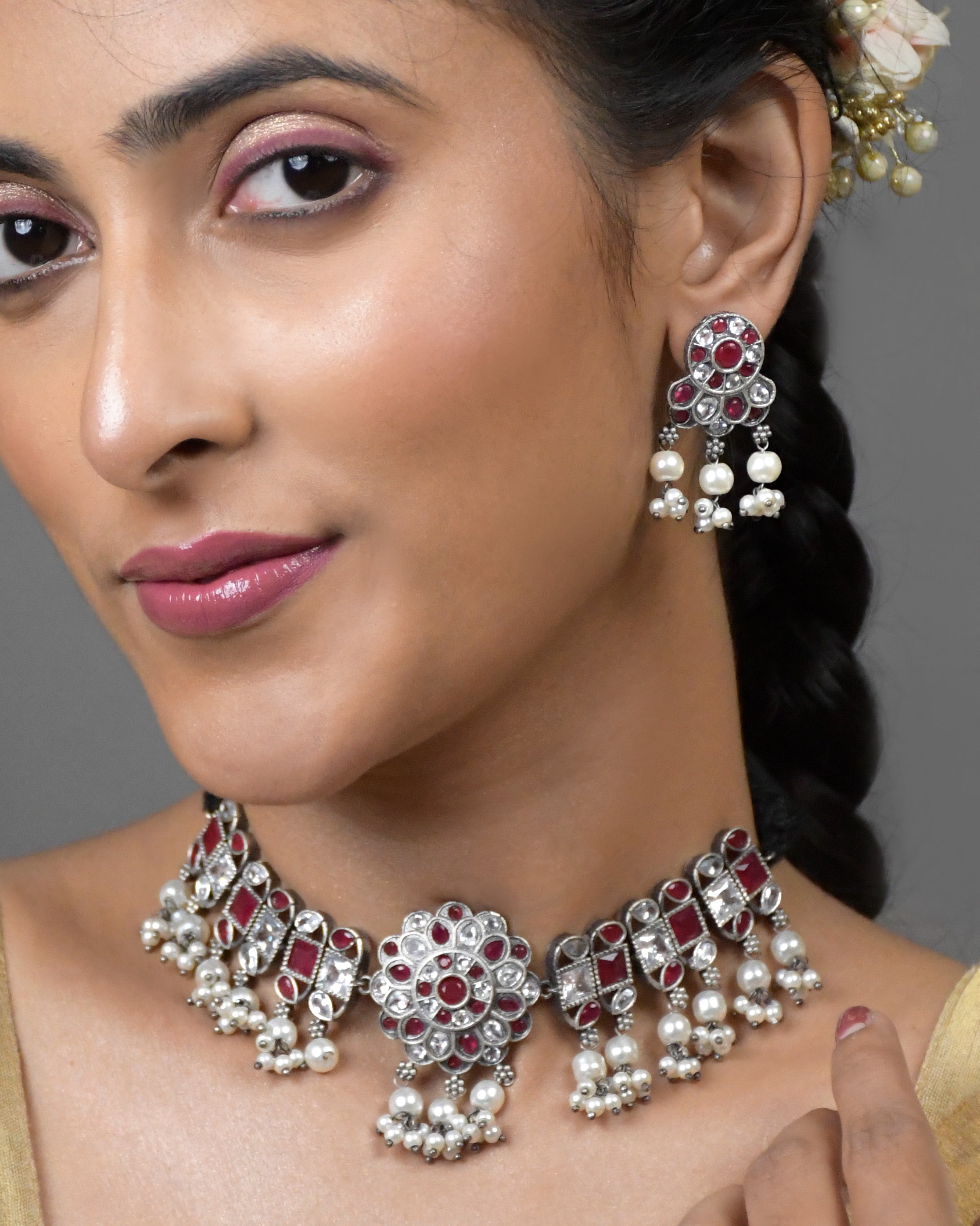 Harini Silver Lookalike Stone Necklace Set