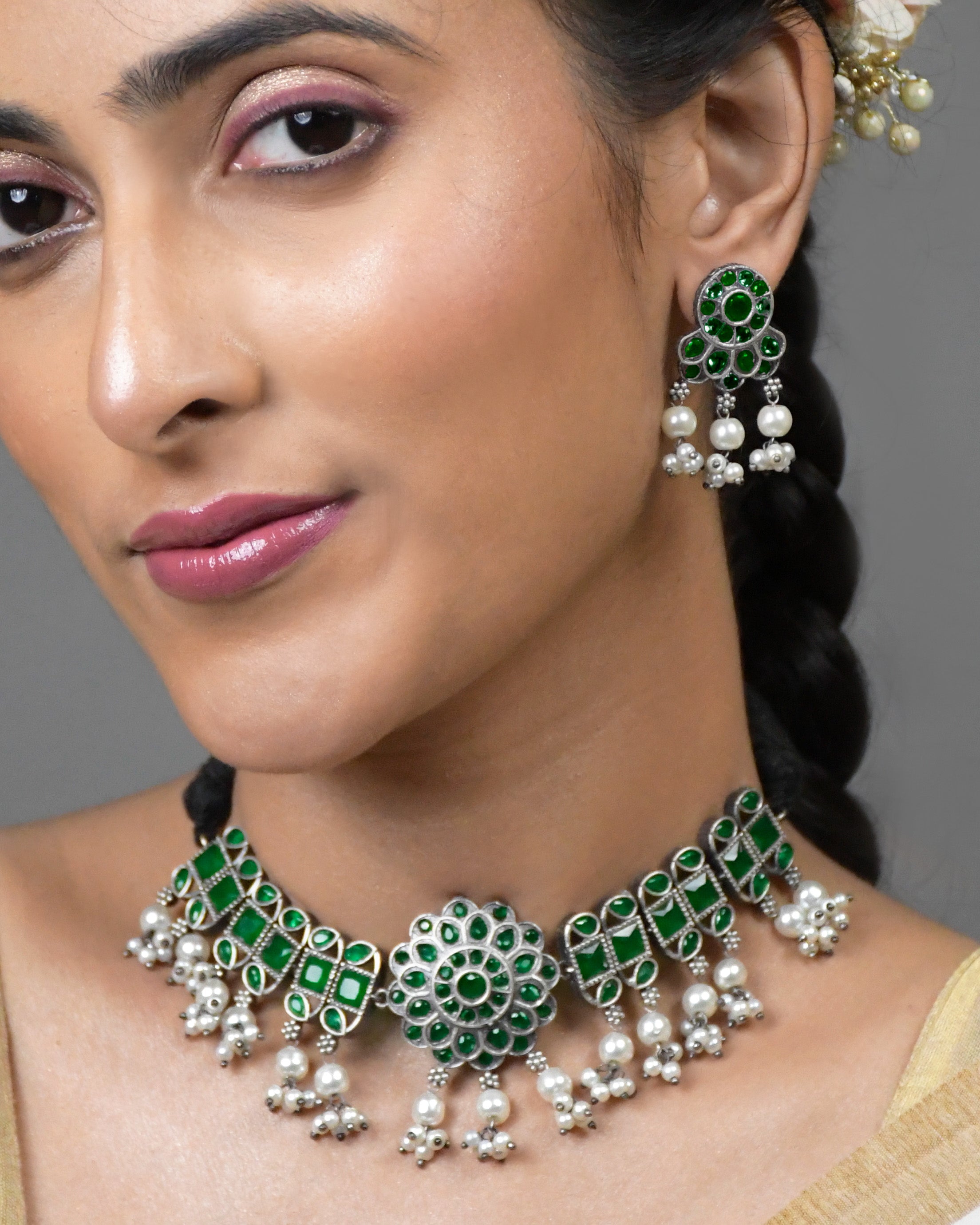 Harini Silver Lookalike Stone Necklace Set