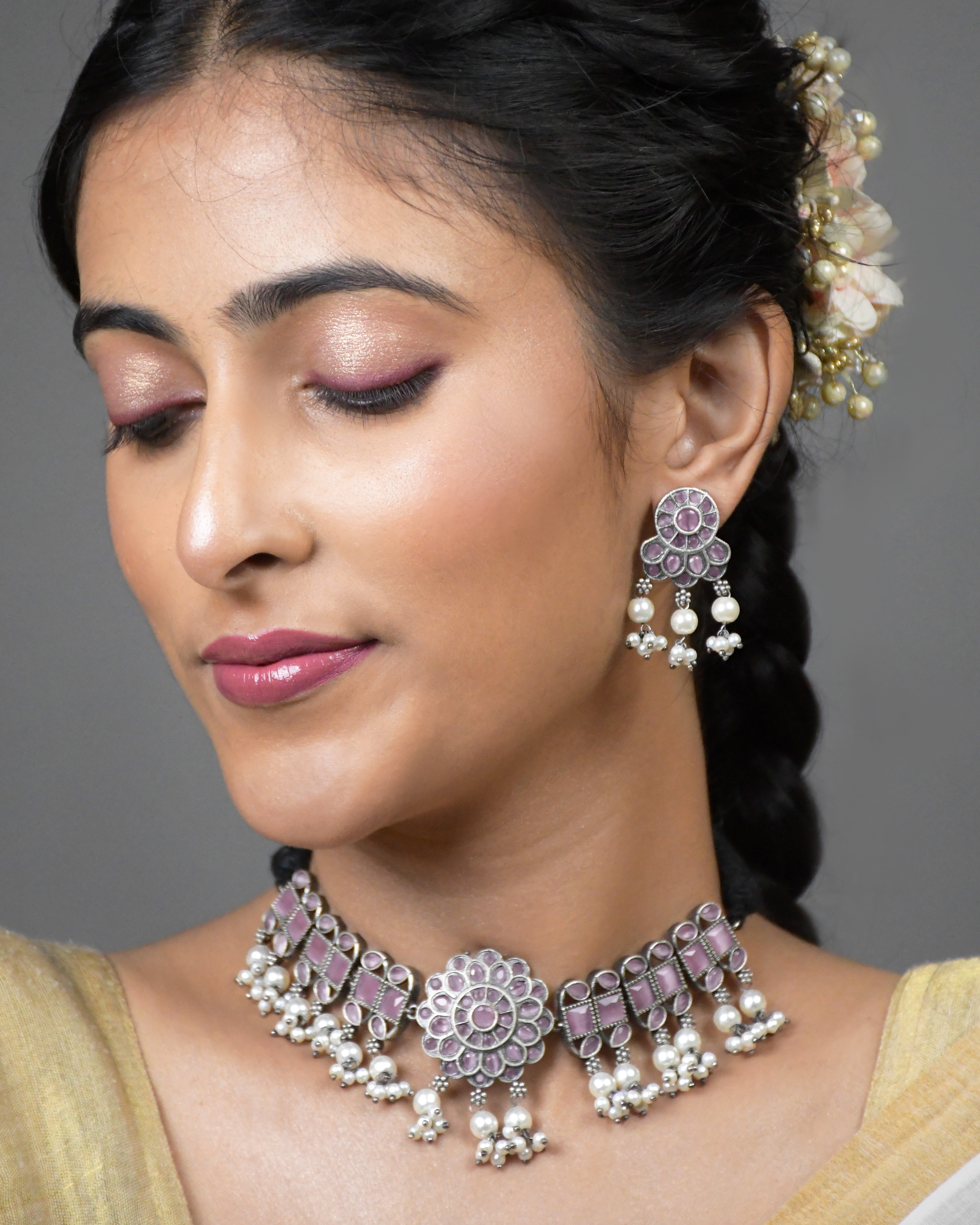 Harini Silver Lookalike Stone Necklace Set