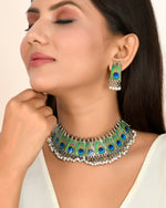Load image into Gallery viewer, Oxidised Peacock Choker Pearl Neacklace Set