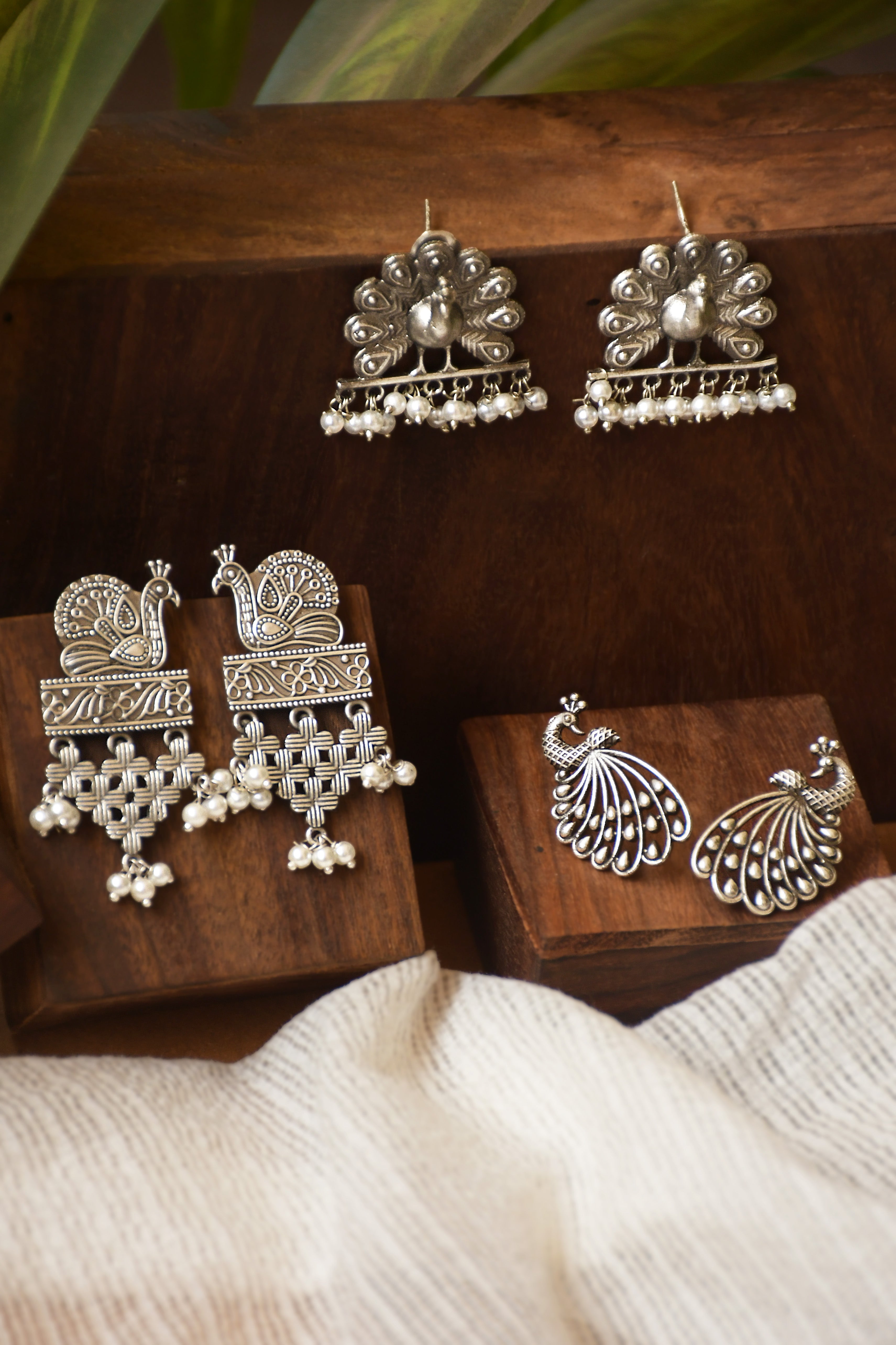 PEACOCK SILVER LOOKALIKE 3 EARRINGS COMBO