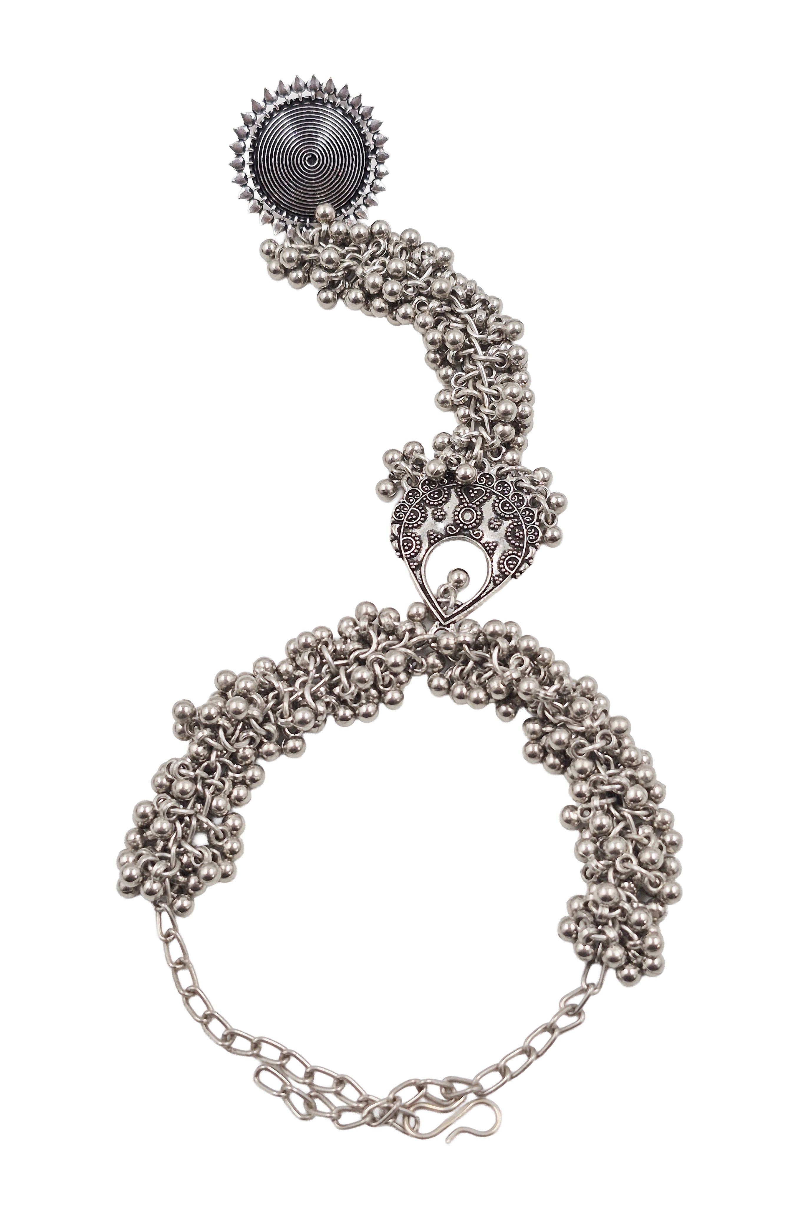 Sanika Oxidised Silver Ghungroo Finger Ring Bracelet Kada