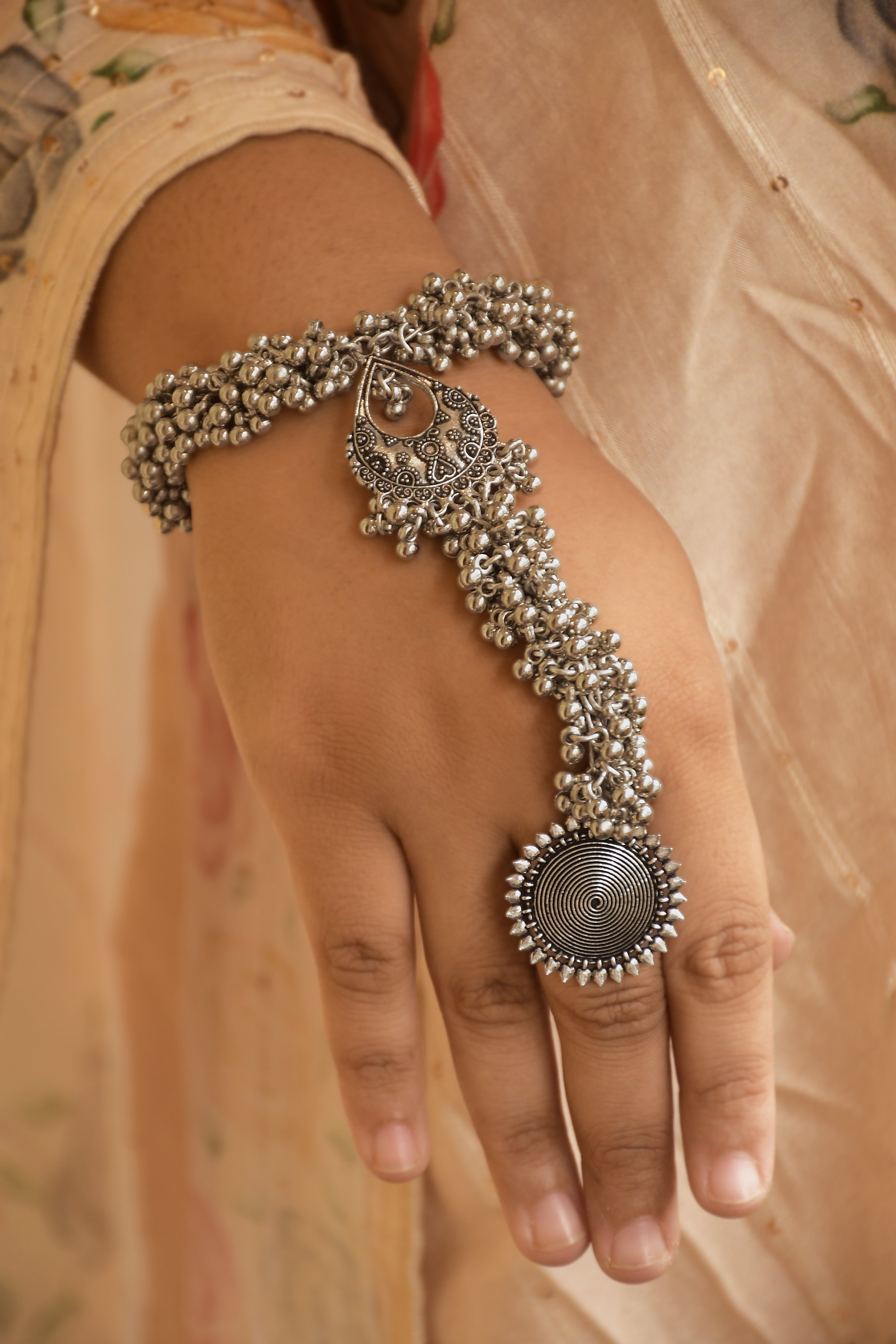 Sanika Oxidised Silver Ghungroo Finger Ring Bracelet Kada