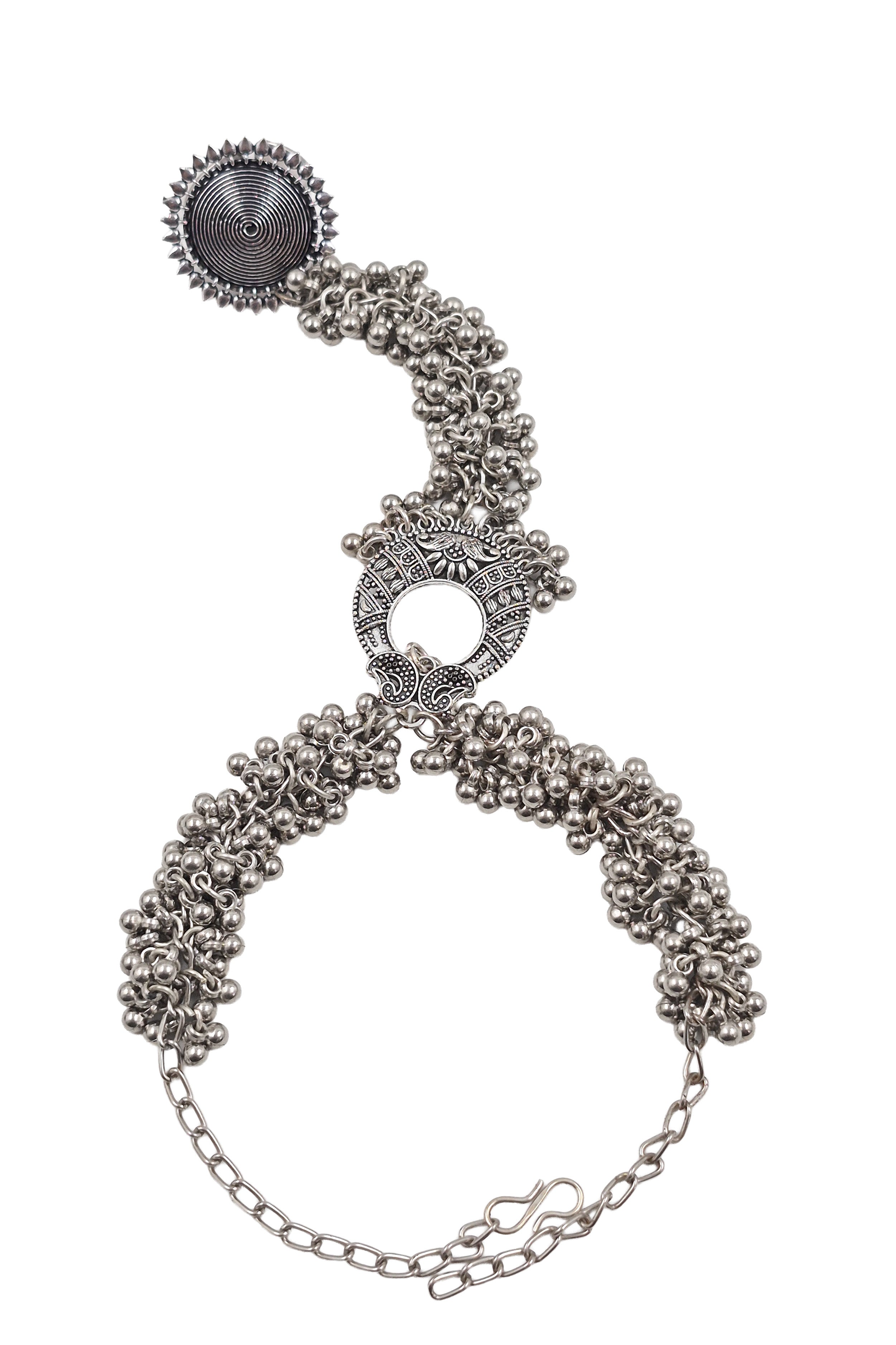 Radhika Oxidised Silver Ghungroo Finger Ring Bracelet Kada
