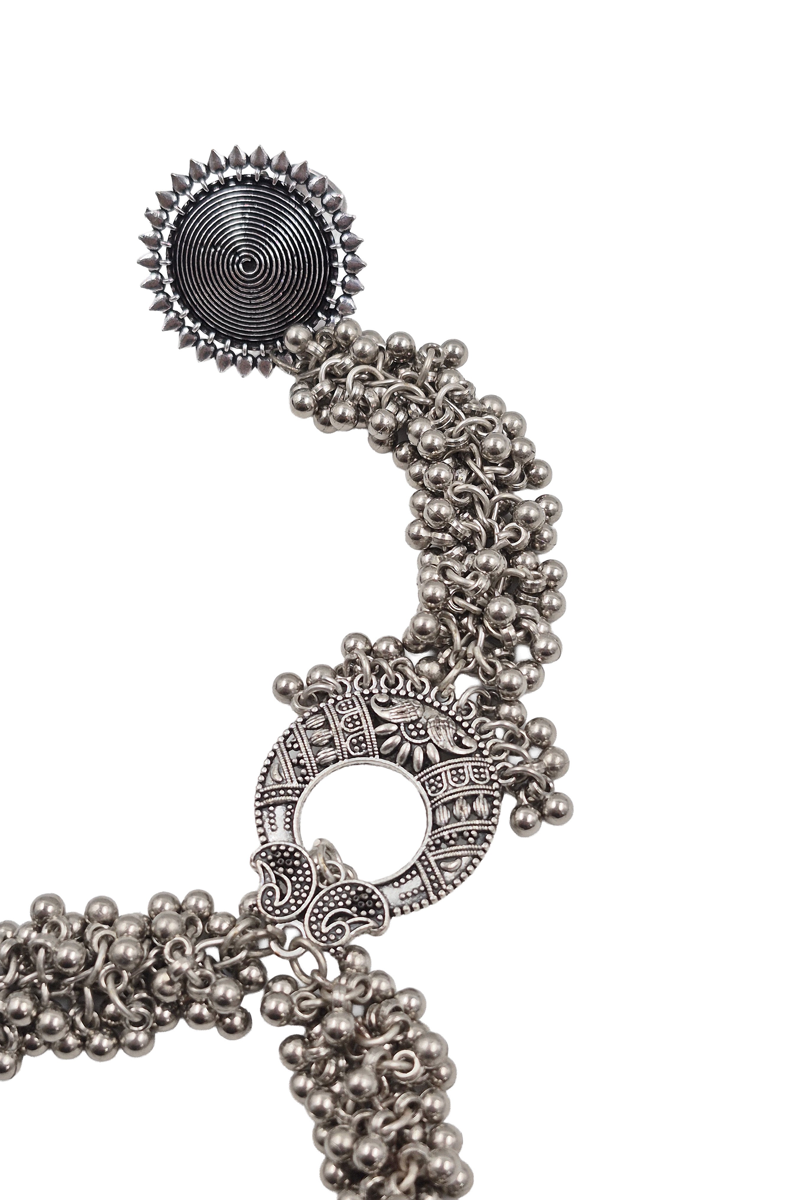 Radhika Oxidised Silver Ghungroo Finger Ring Bracelet Kada