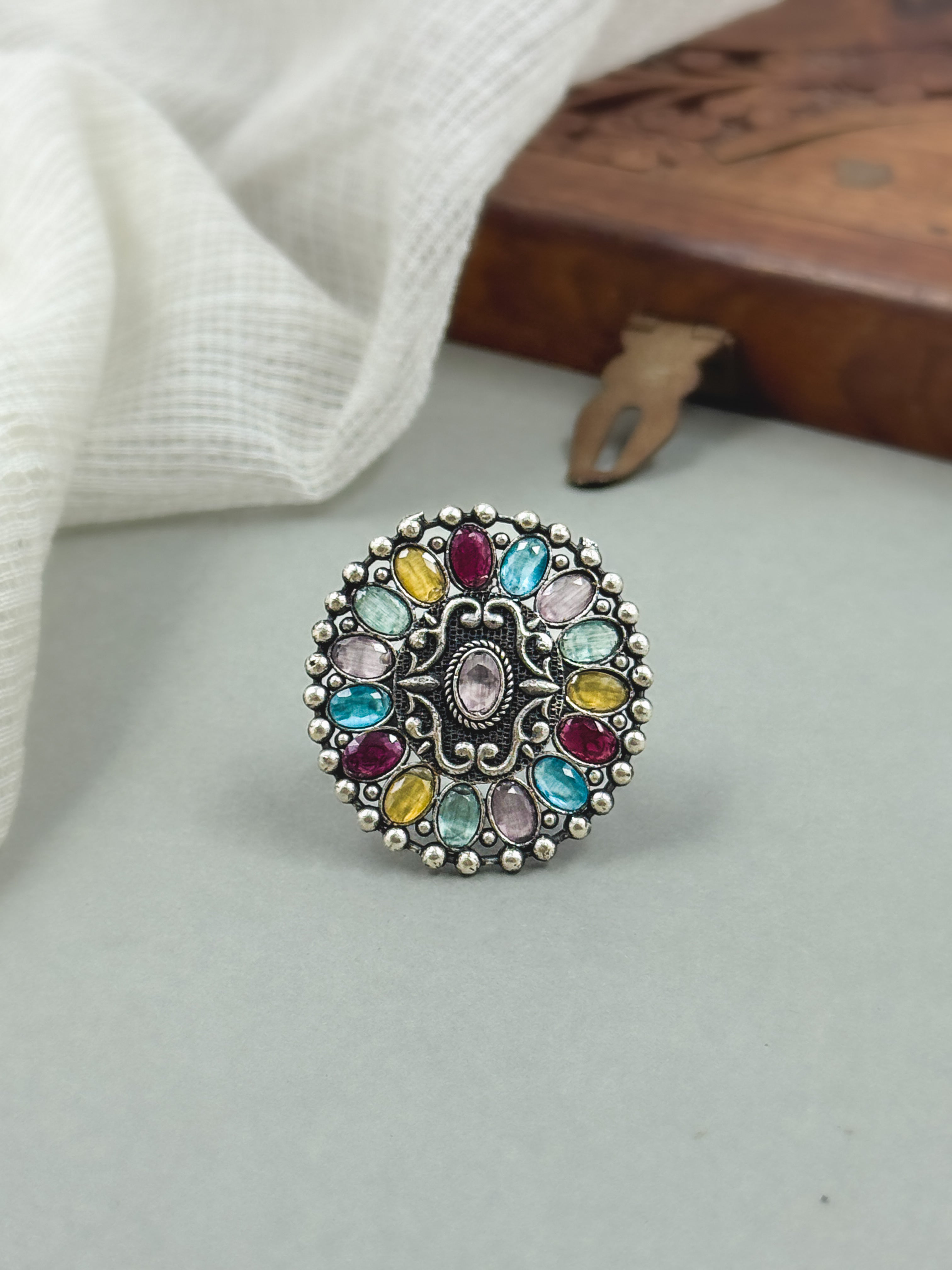 MISHKA OXIDISED STONE RING