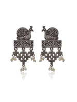 Load image into Gallery viewer, Peacock Pearl Drop Silver Lookalike Dangler Earrings