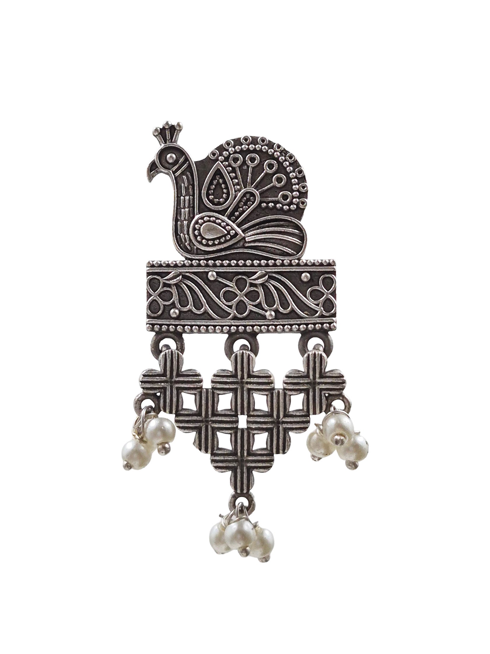 PEACOCK PEARL DROP SILVER LOOKALIKE DANGLER EARRINGS
