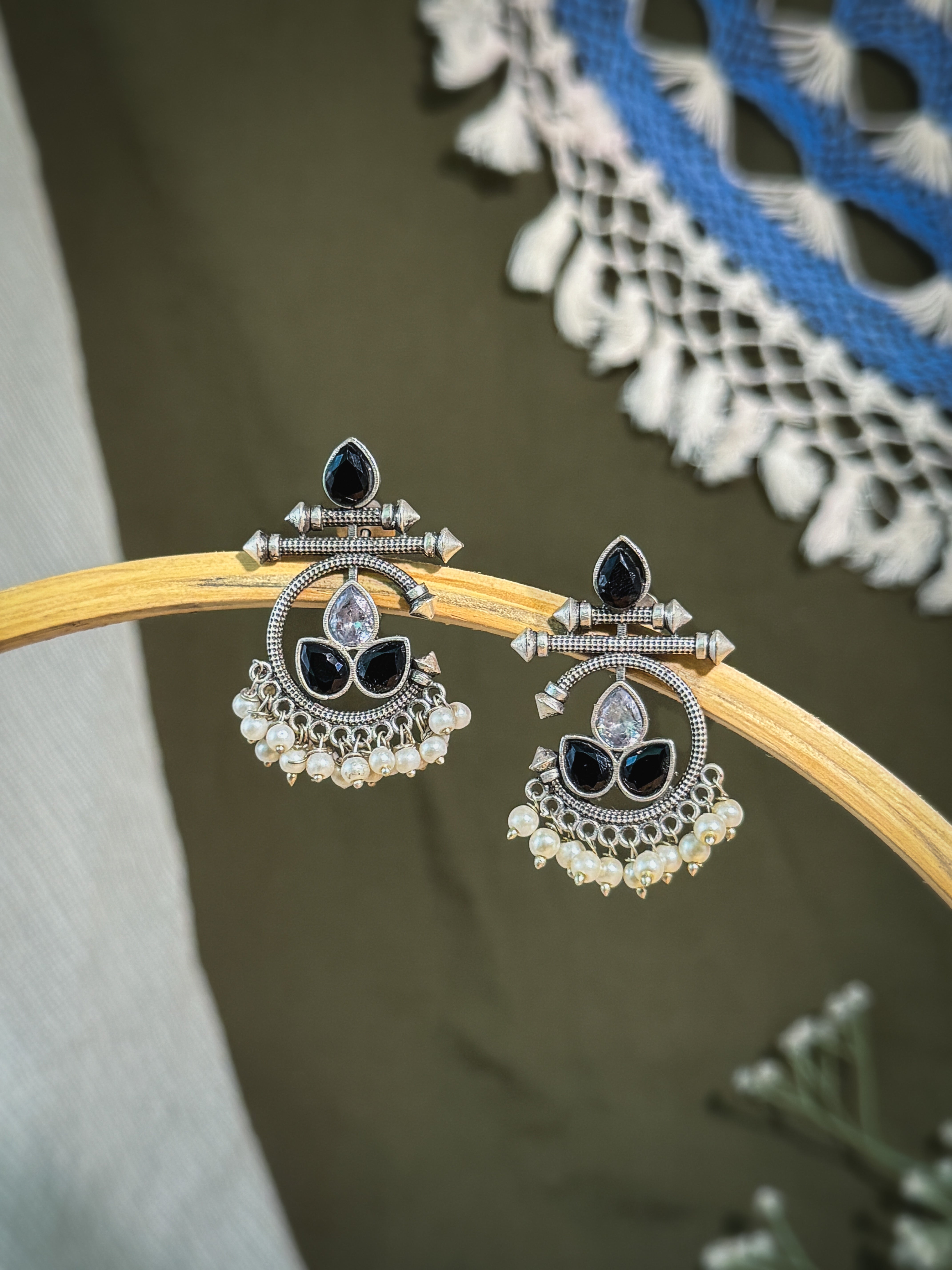 AZURE BLOOM OXIDIZED CHANDBALI STONE EARRINGS