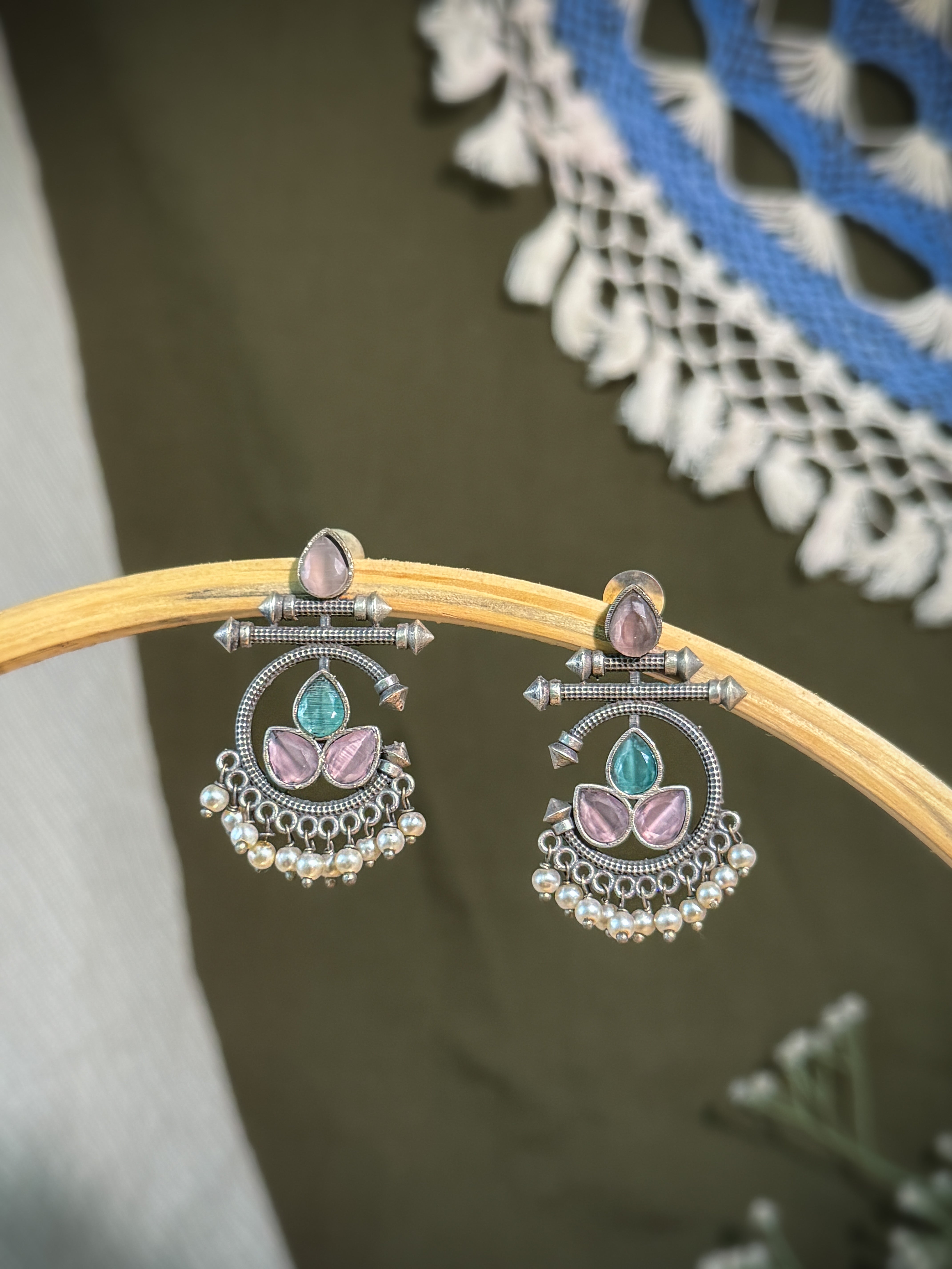 AZURE BLOOM OXIDIZED CHANDBALI STONE EARRINGS