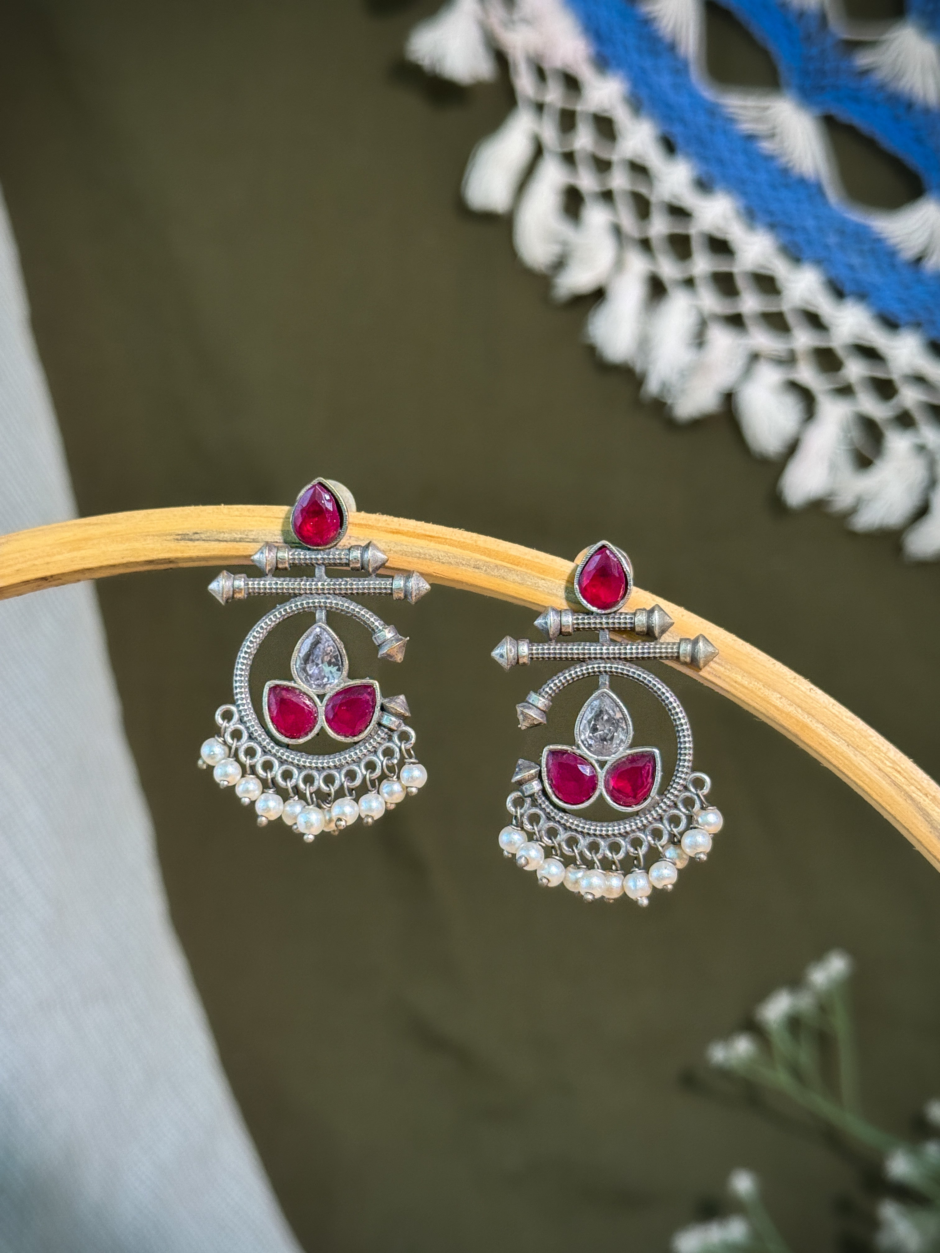 AZURE BLOOM OXIDIZED CHANDBALI STONE EARRINGS