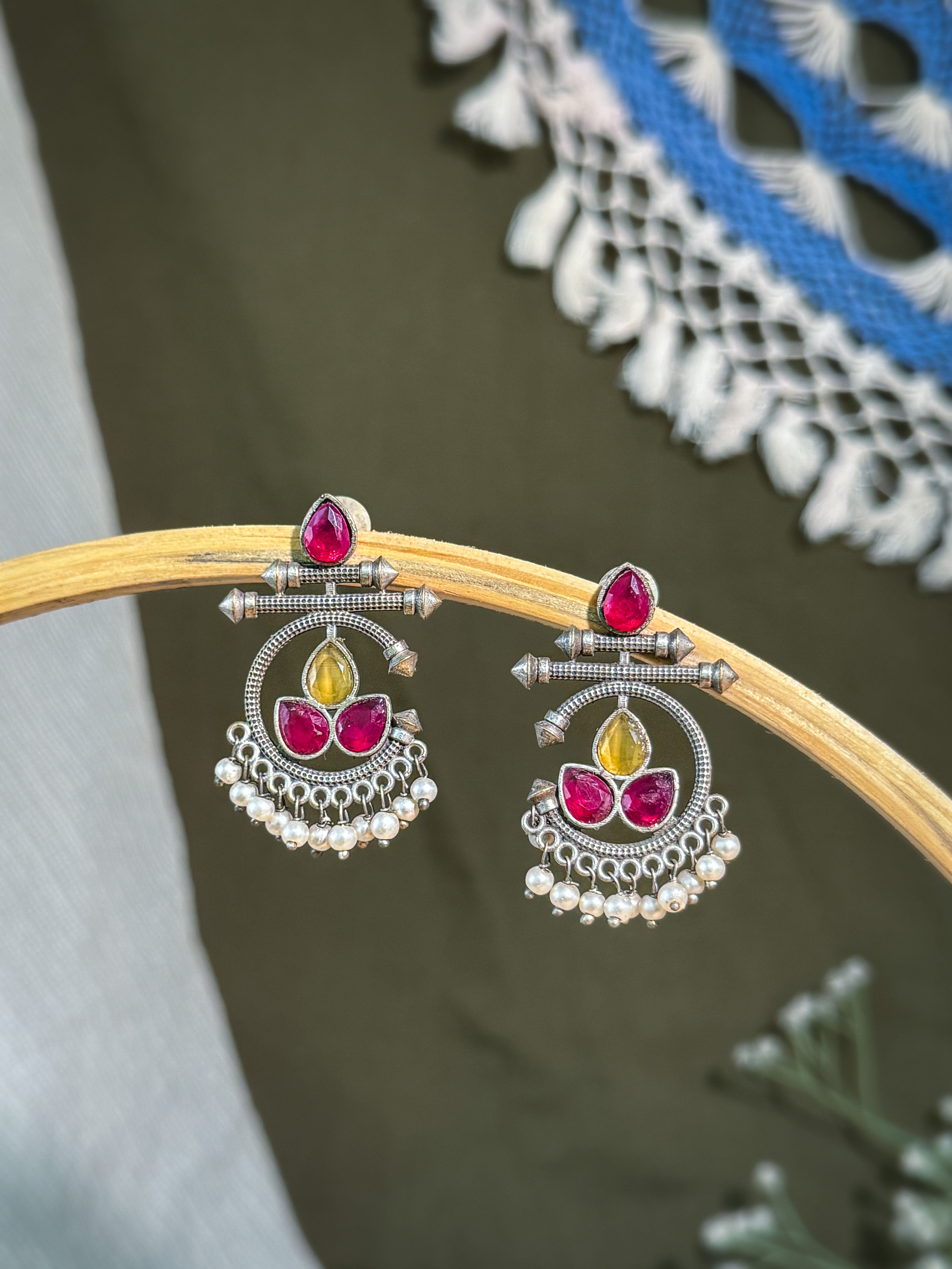 AZURE BLOOM OXIDIZED CHANDBALI STONE EARRINGS
