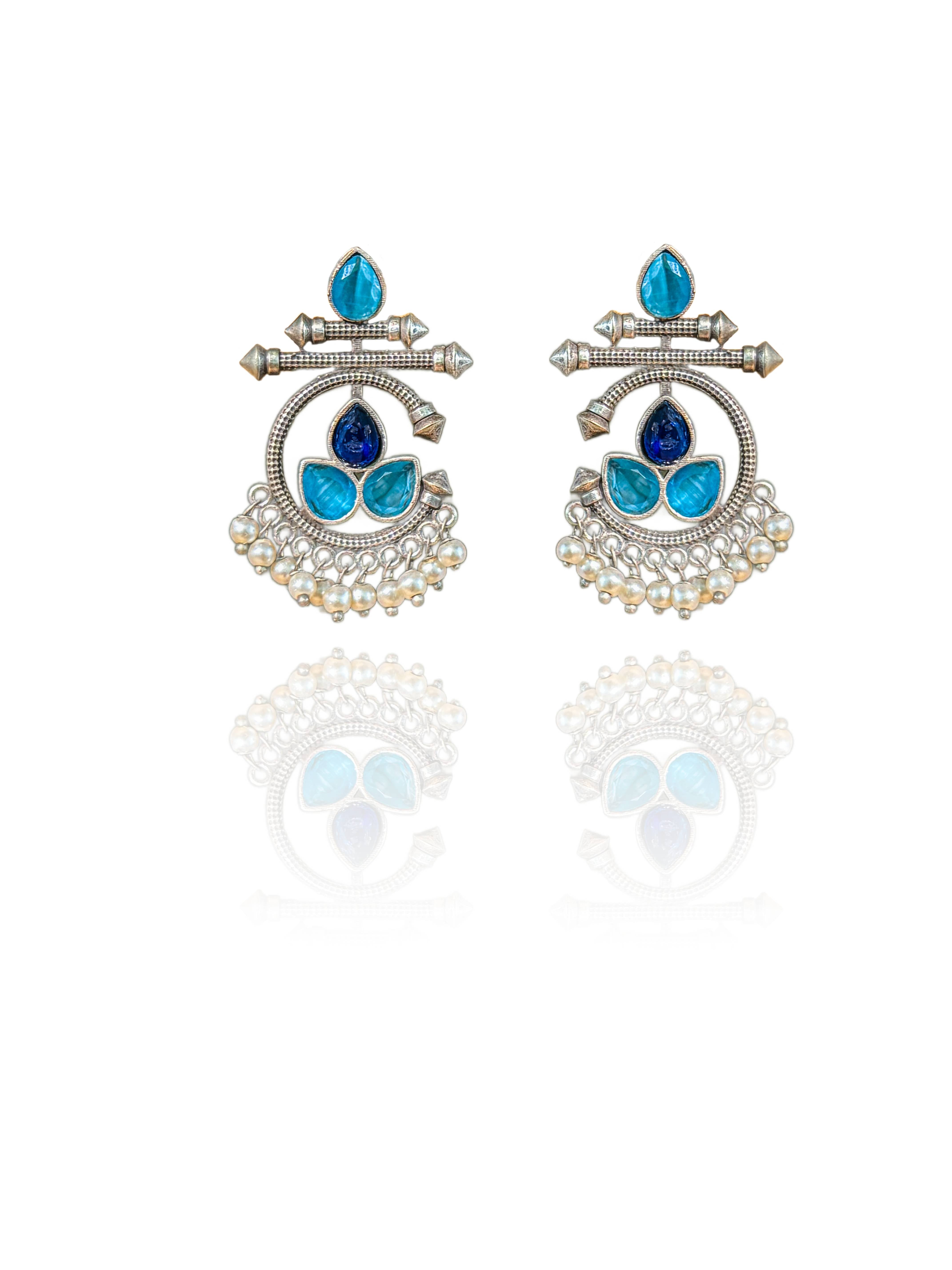AZURE BLOOM OXIDIZED CHANDBALI STONE EARRINGS