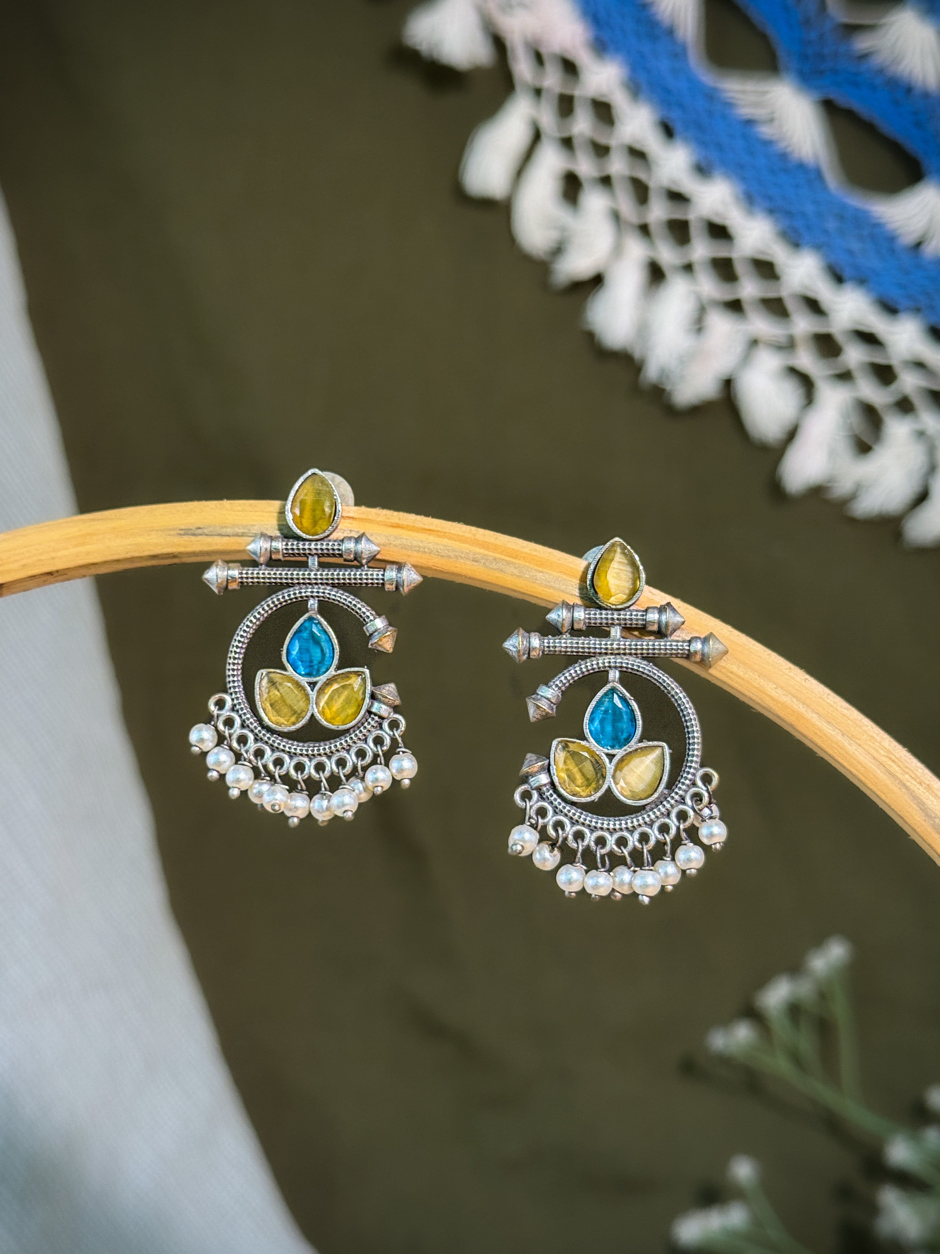 AZURE BLOOM OXIDIZED CHANDBALI STONE EARRINGS