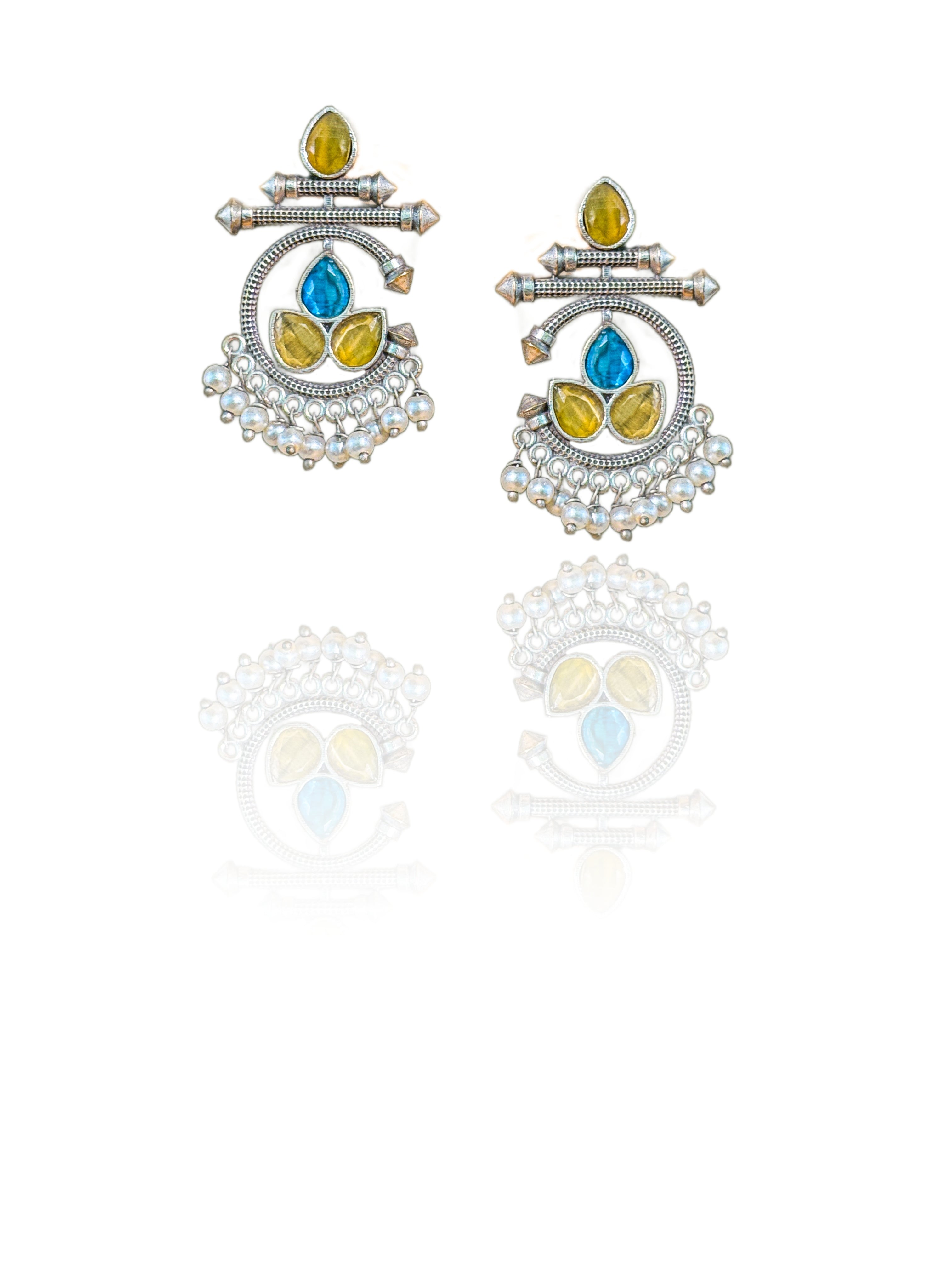AZURE BLOOM OXIDIZED CHANDBALI STONE EARRINGS