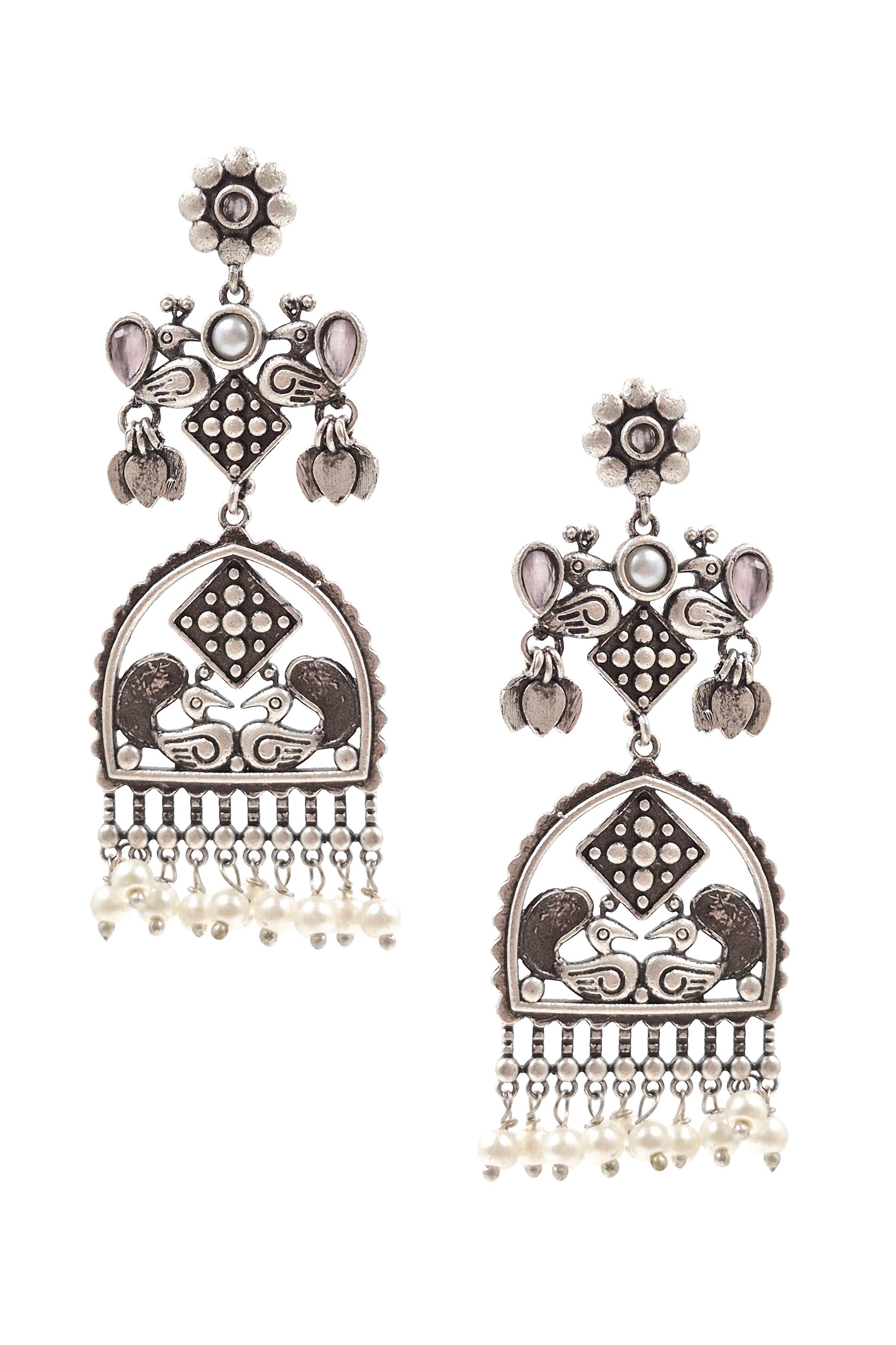 PEACOCK CHARM SILVER LOOKALIKE DANGLER EARRINGS
