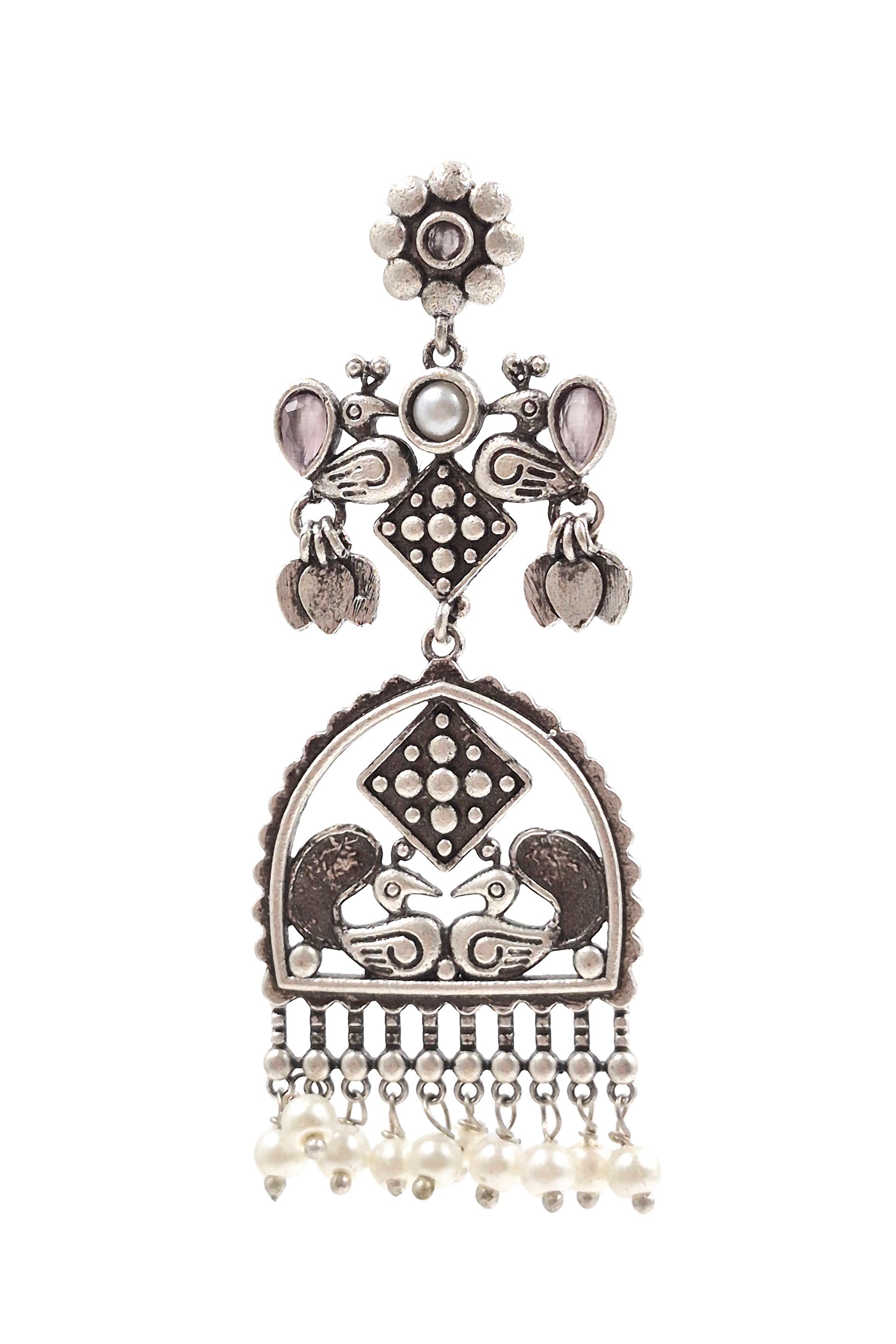 PEACOCK CHARM SILVER LOOKALIKE DANGLER EARRINGS