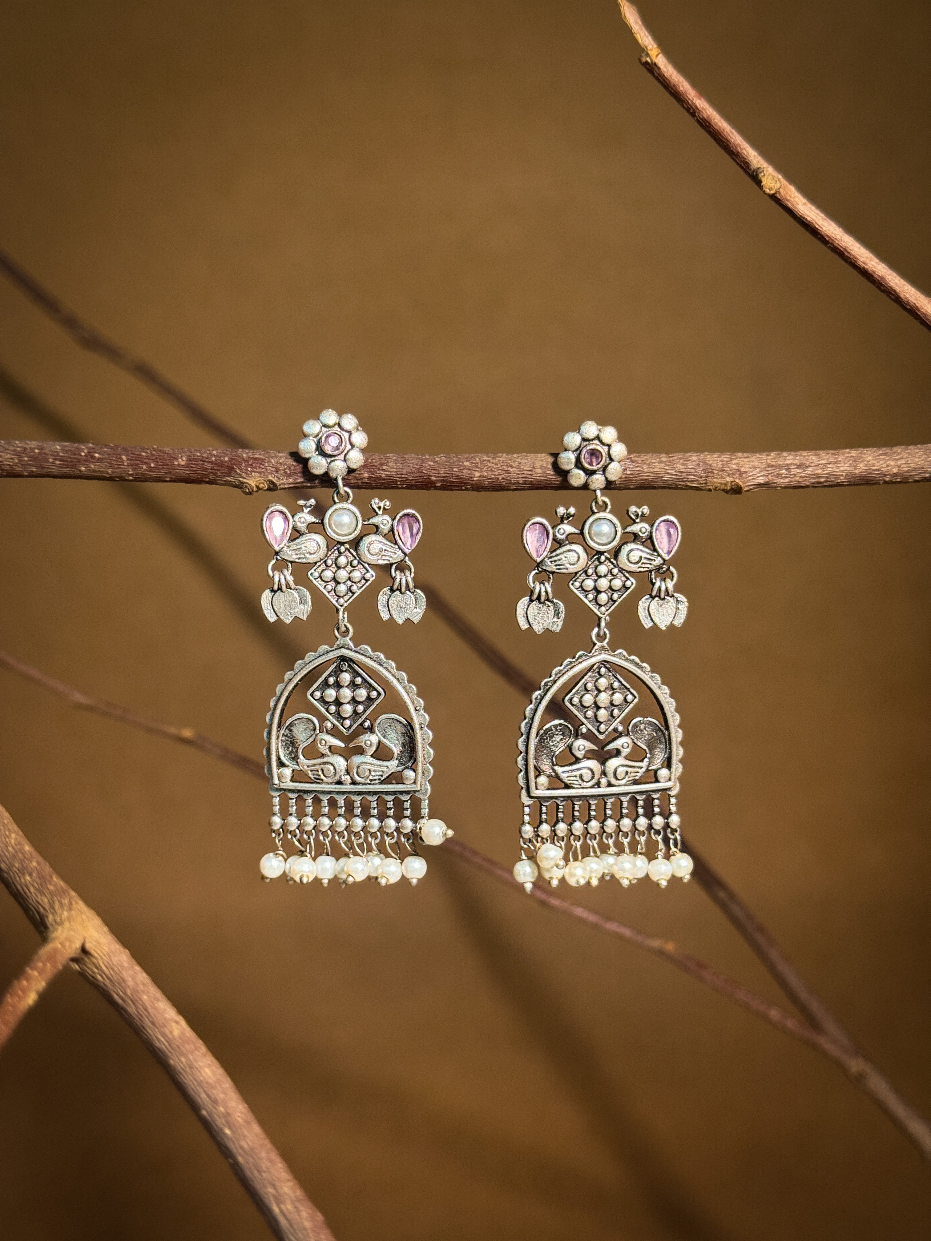 PEACOCK CHARM SILVER LOOKALIKE DANGLER EARRINGS