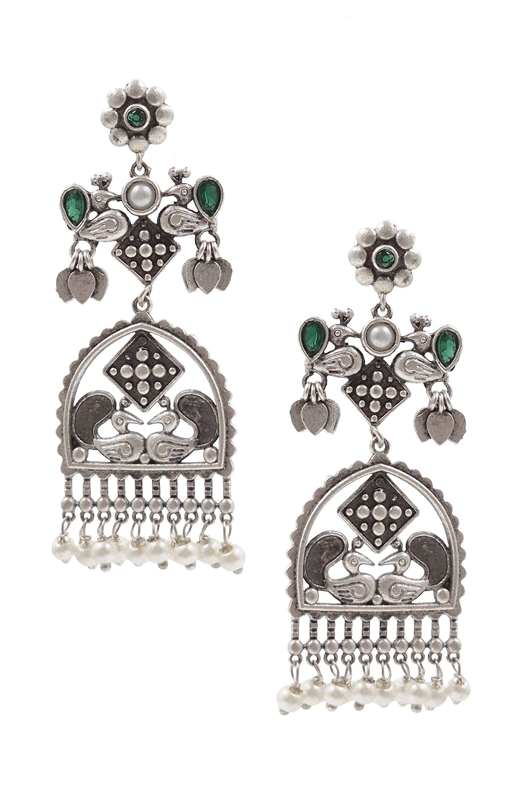 PEACOCK CHARM SILVER LOOKALIKE DANGLER EARRINGS