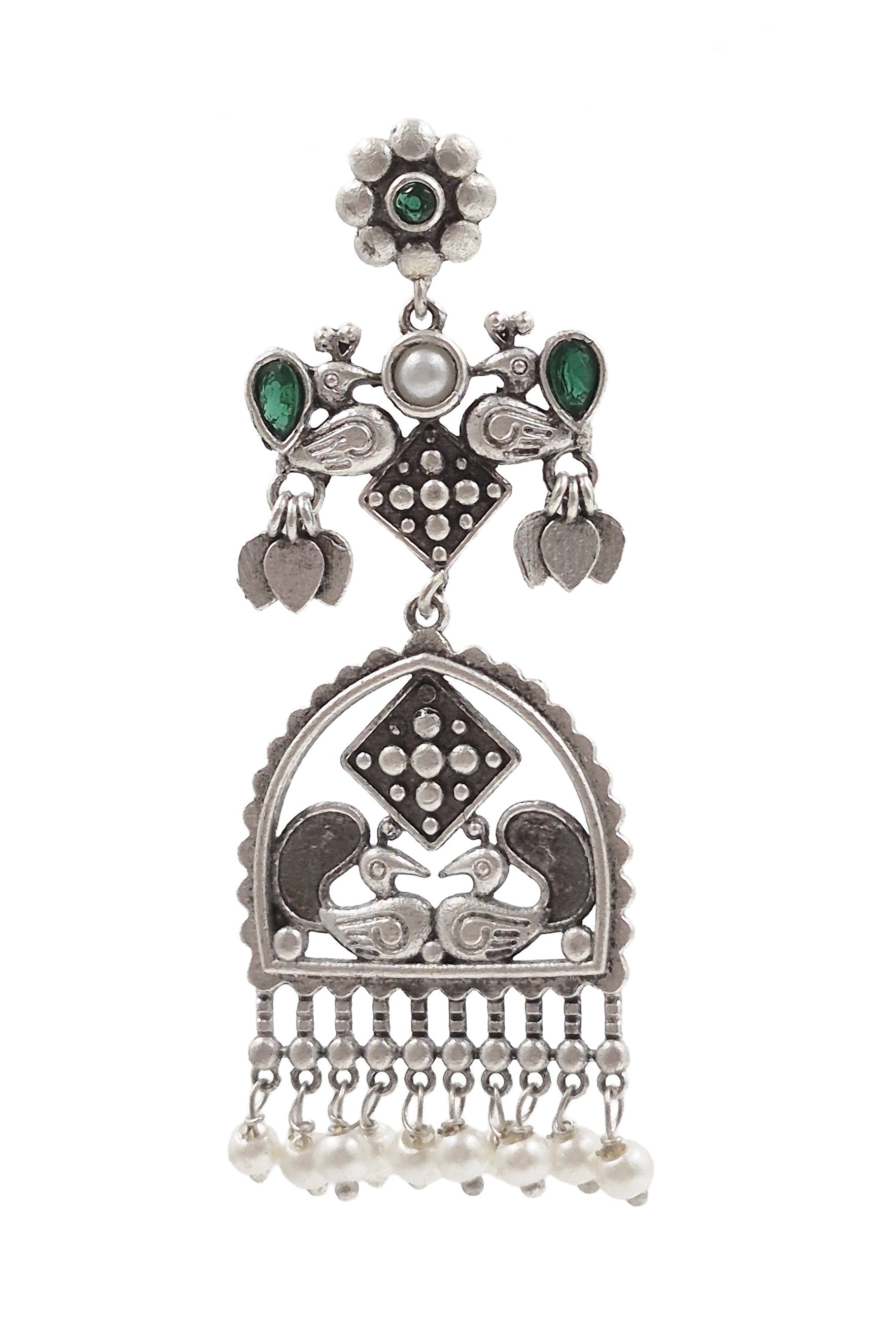 PEACOCK CHARM SILVER LOOKALIKE DANGLER EARRINGS