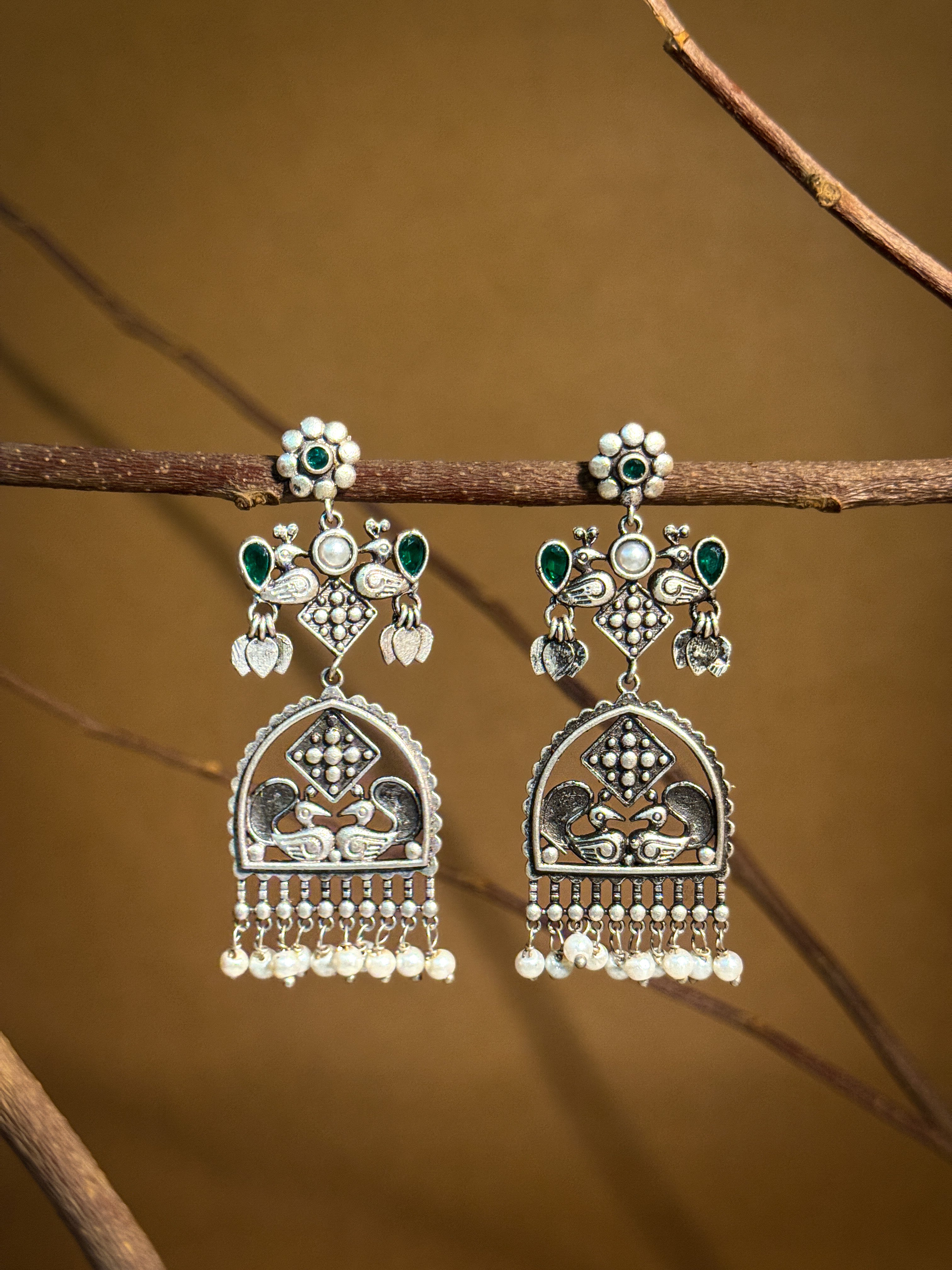 PEACOCK CHARM SILVER LOOKALIKE DANGLER EARRINGS