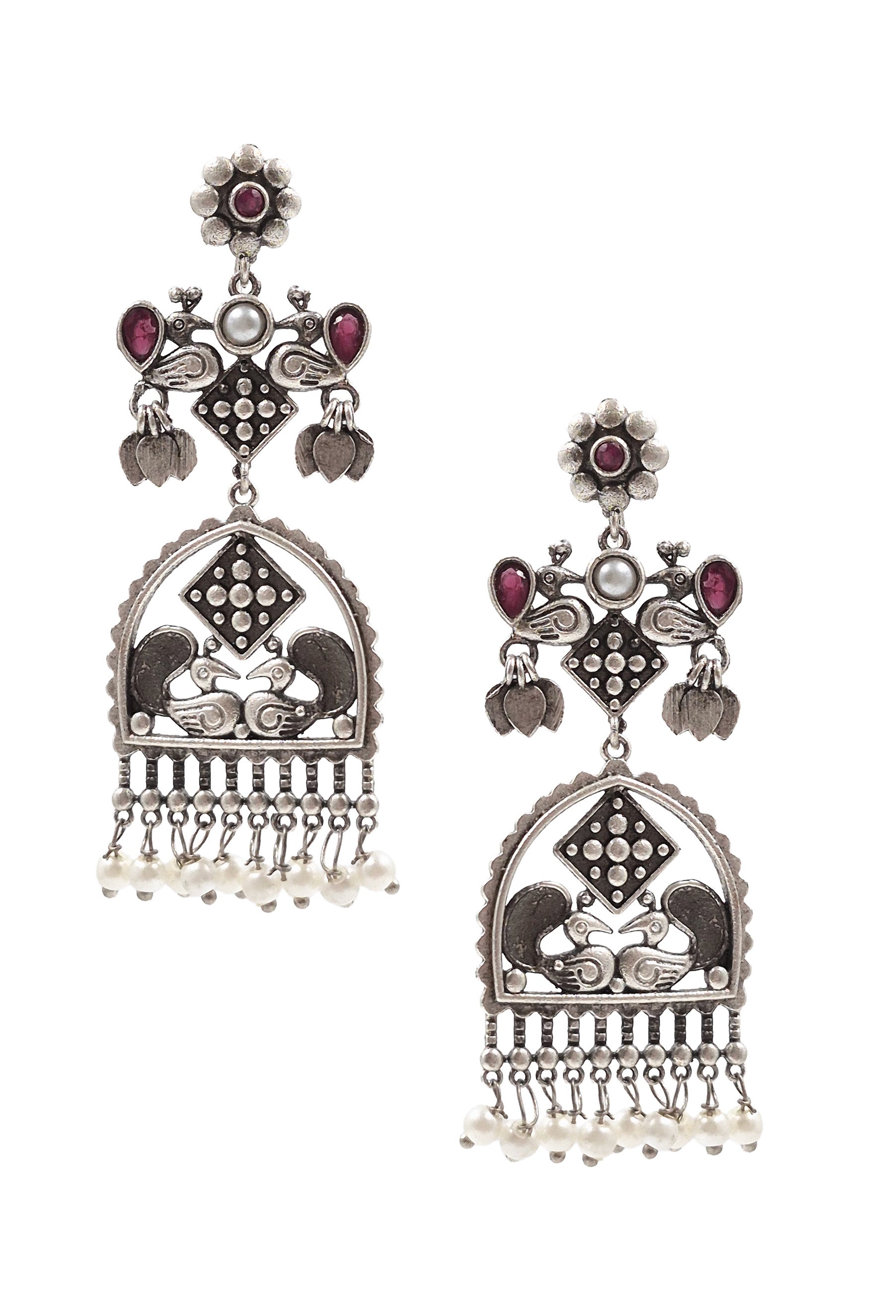 PEACOCK CHARM SILVER LOOKALIKE DANGLER EARRINGS