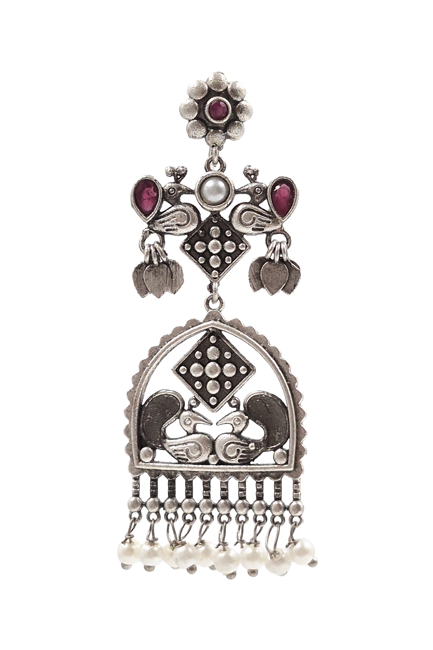 PEACOCK CHARM SILVER LOOKALIKE DANGLER EARRINGS