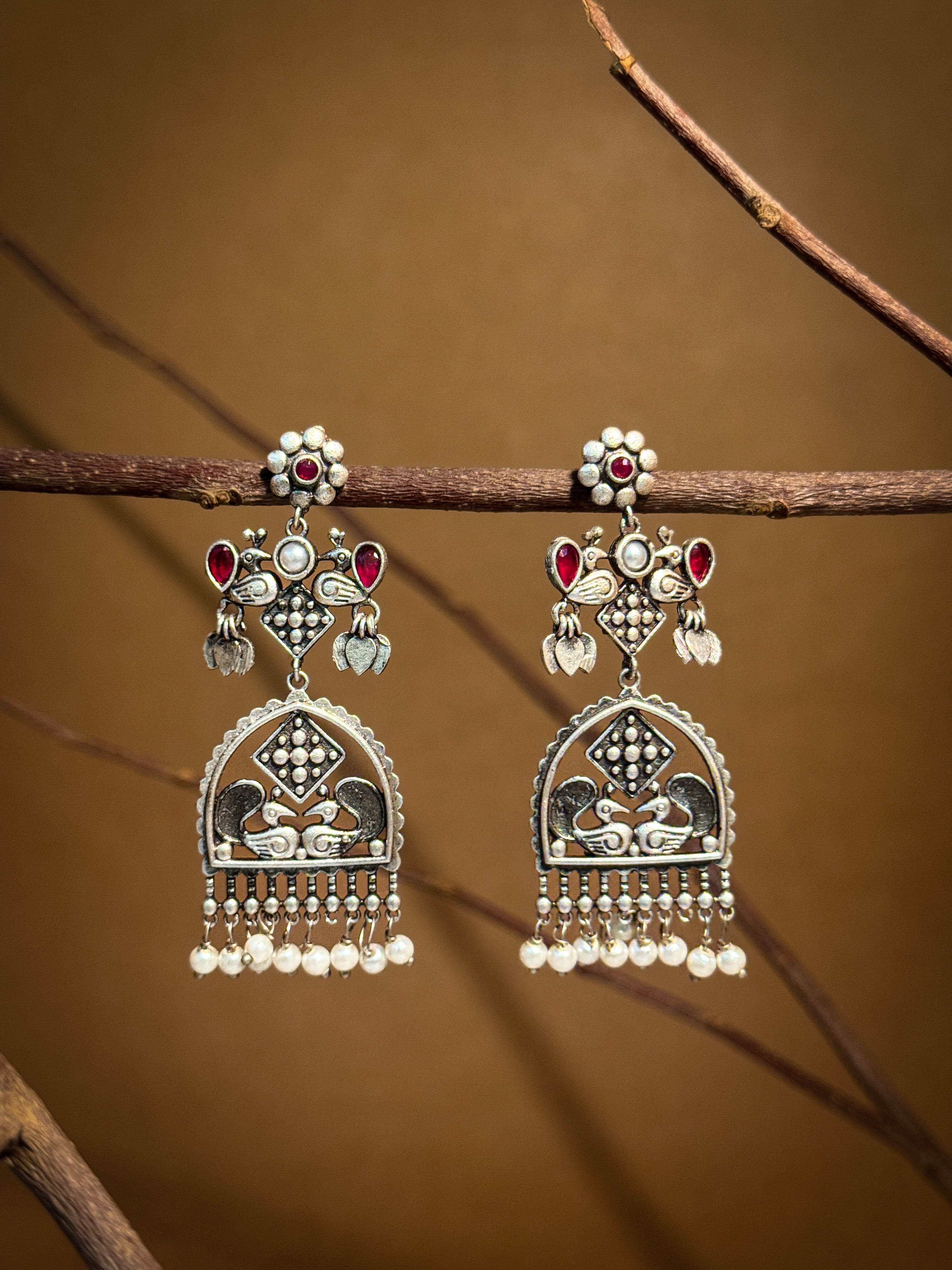 PEACOCK CHARM SILVER LOOKALIKE DANGLER EARRINGS