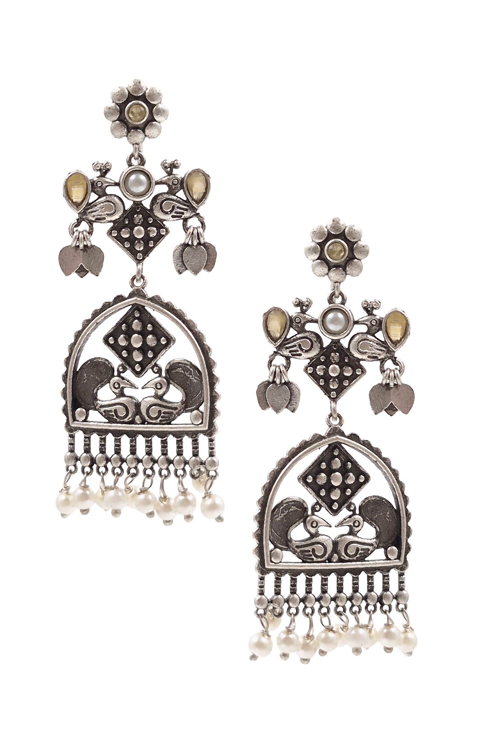 PEACOCK CHARM SILVER LOOKALIKE DANGLER EARRINGS