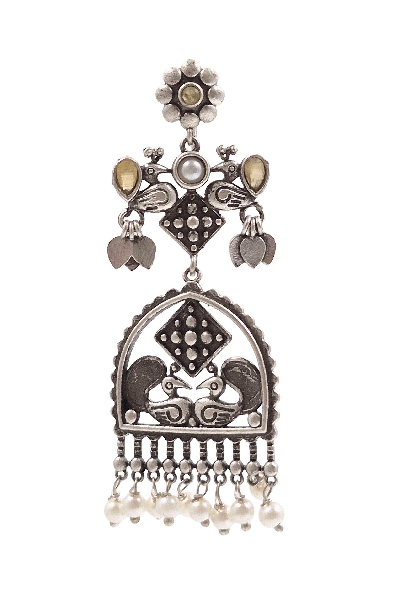 PEACOCK CHARM SILVER LOOKALIKE DANGLER EARRINGS
