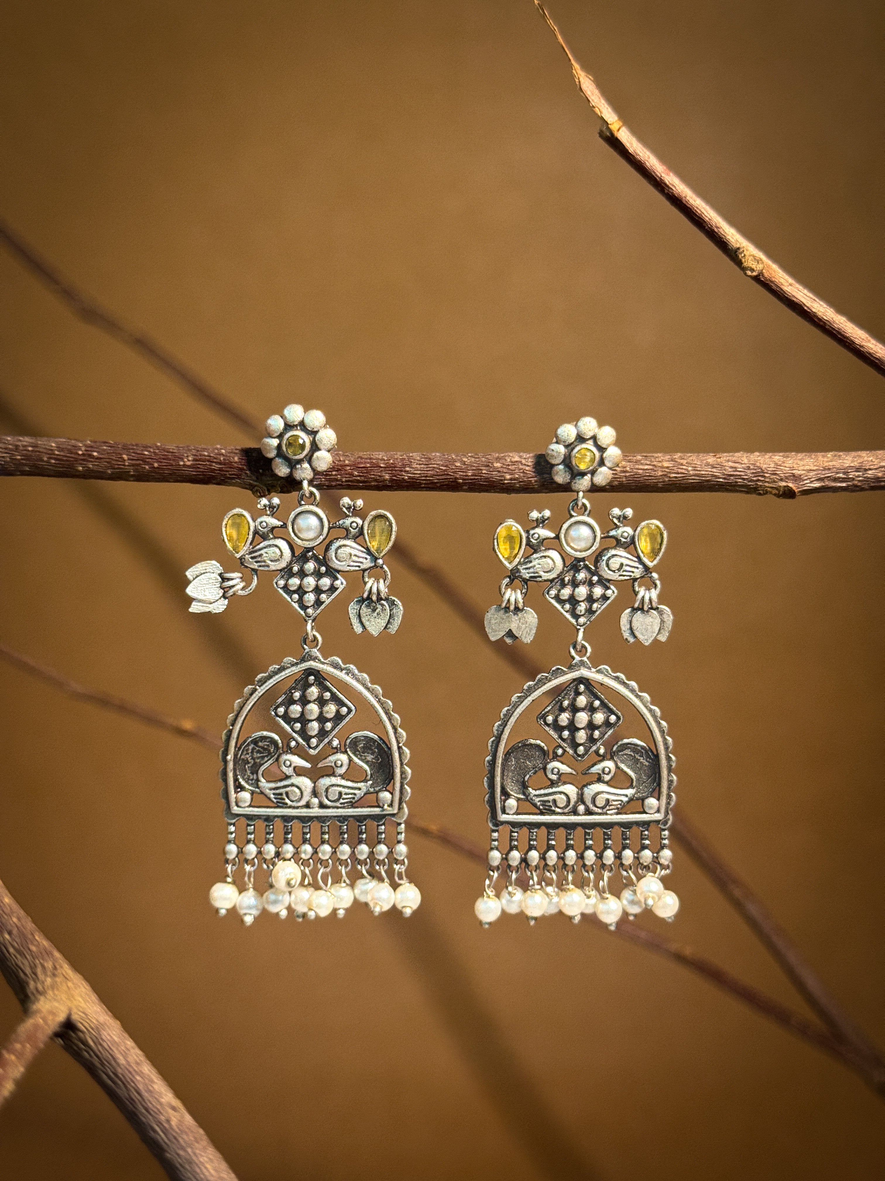 PEACOCK CHARM SILVER LOOKALIKE DANGLER EARRINGS