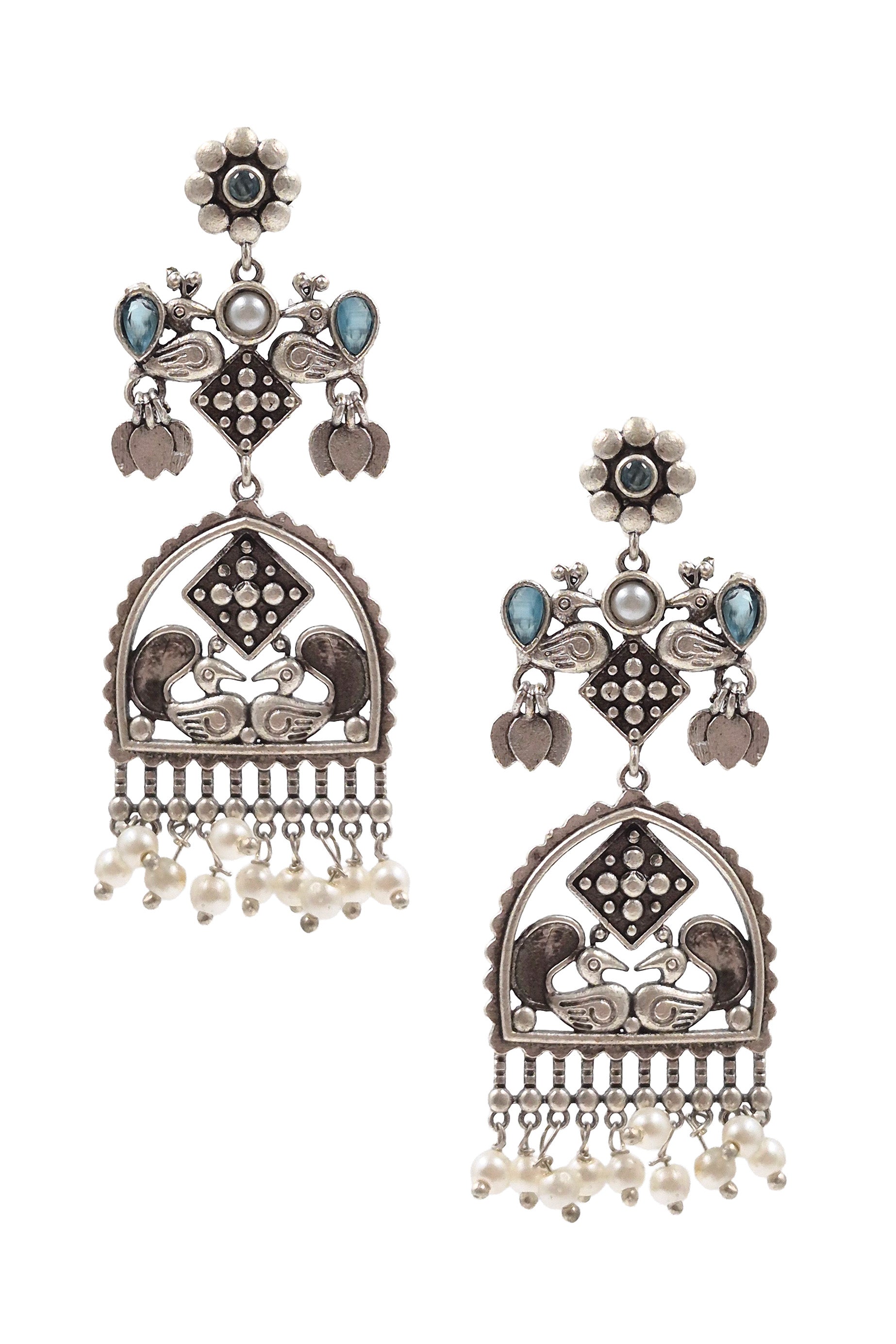 PEACOCK CHARM SILVER LOOKALIKE DANGLER EARRINGS