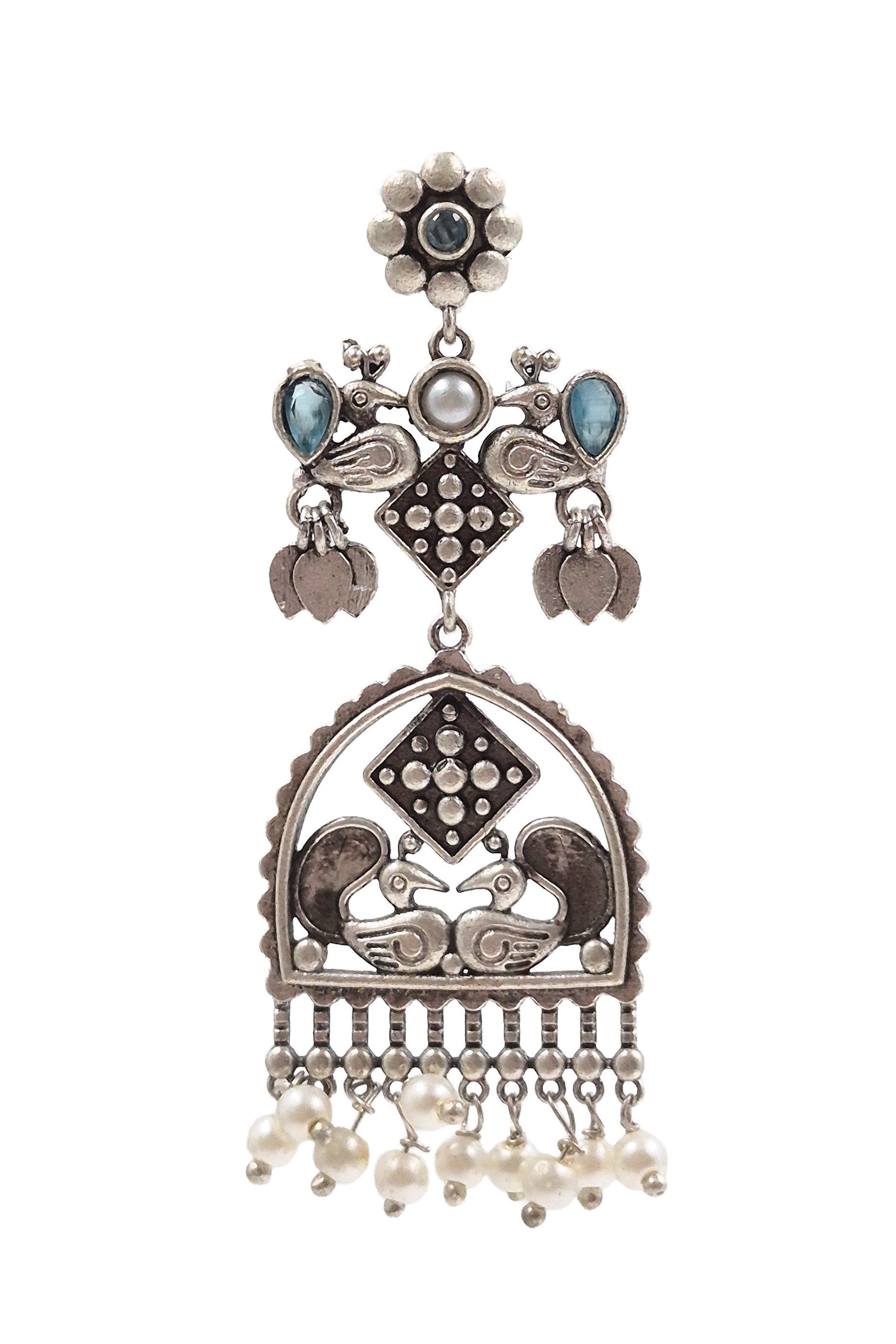 PEACOCK CHARM SILVER LOOKALIKE DANGLER EARRINGS