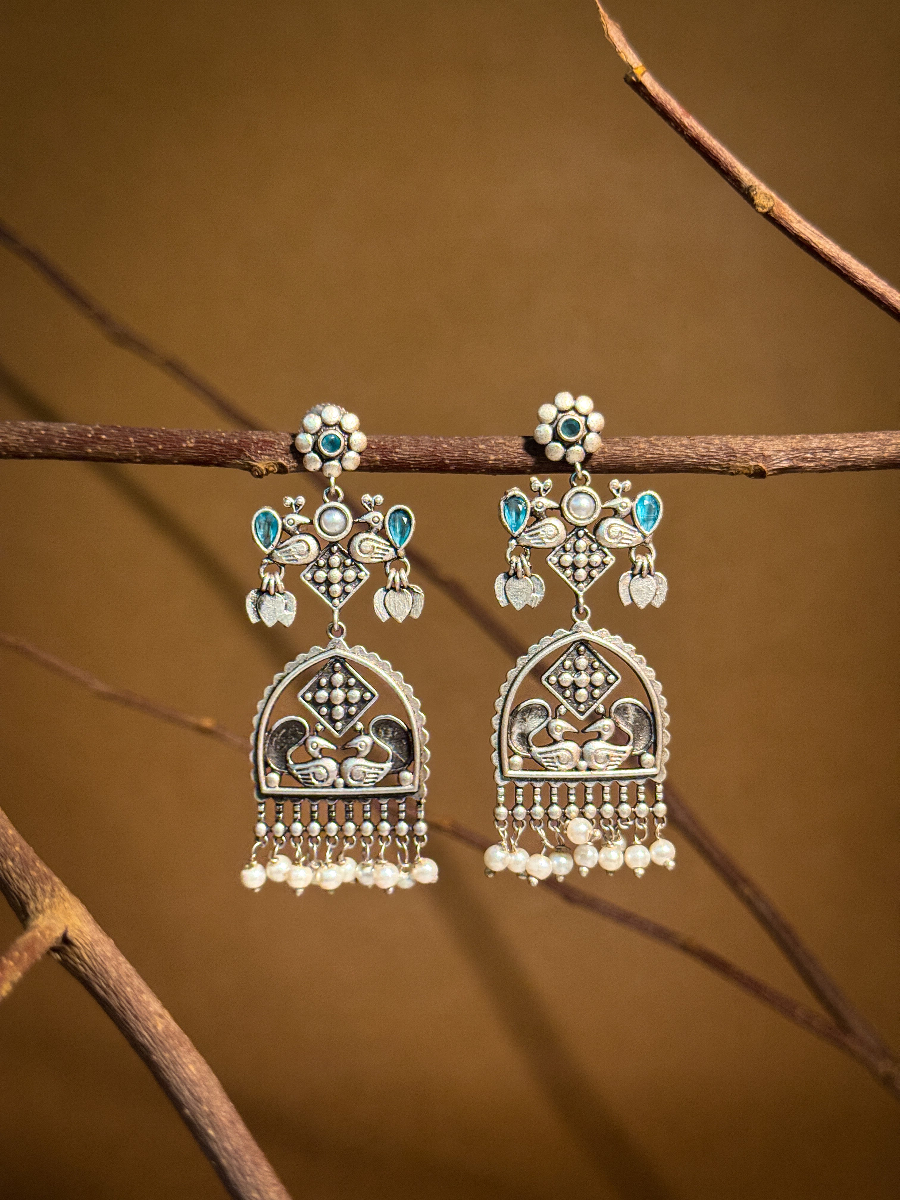 PEACOCK CHARM SILVER LOOKALIKE DANGLER EARRINGS