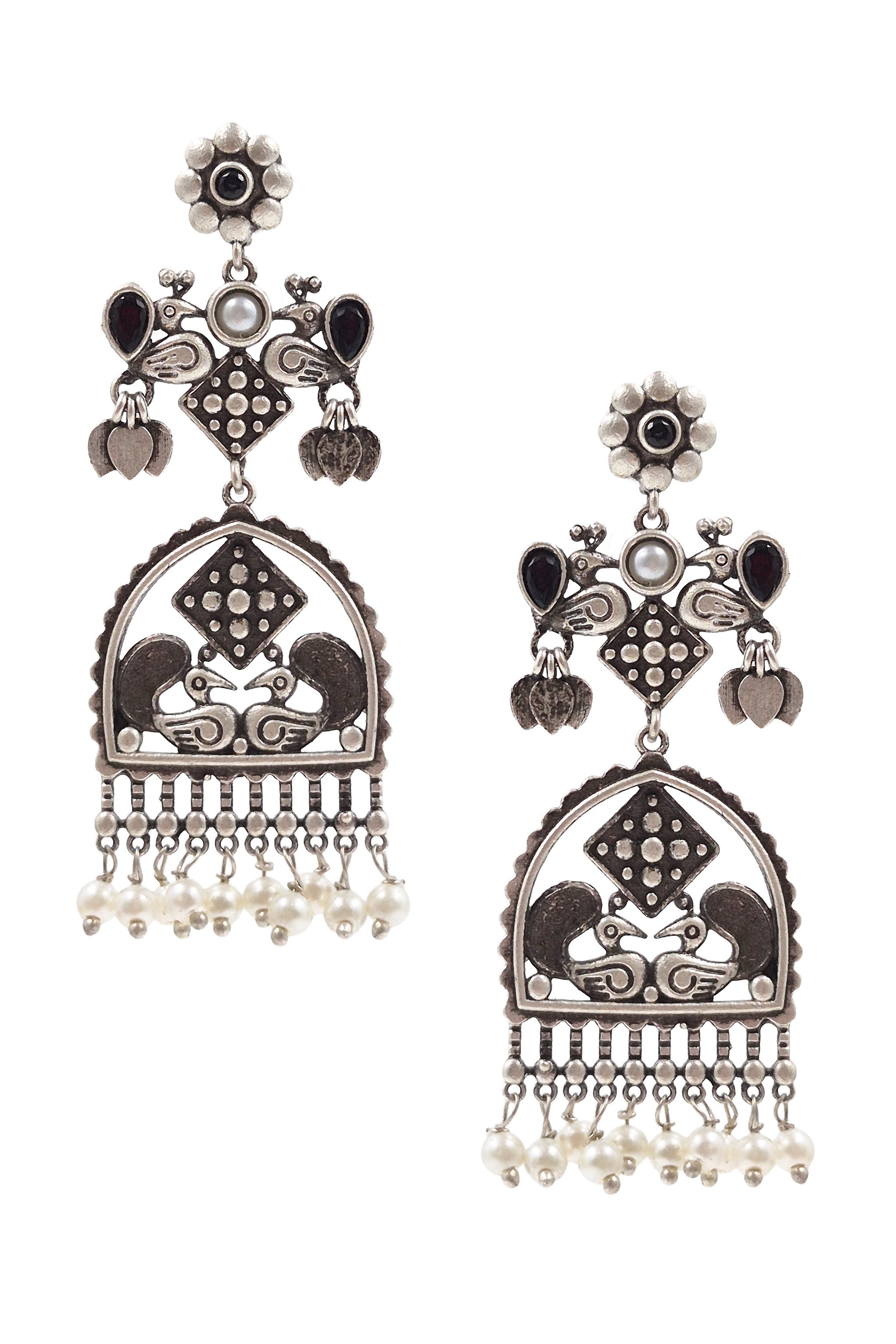 PEACOCK CHARM SILVER LOOKALIKE DANGLER EARRINGS