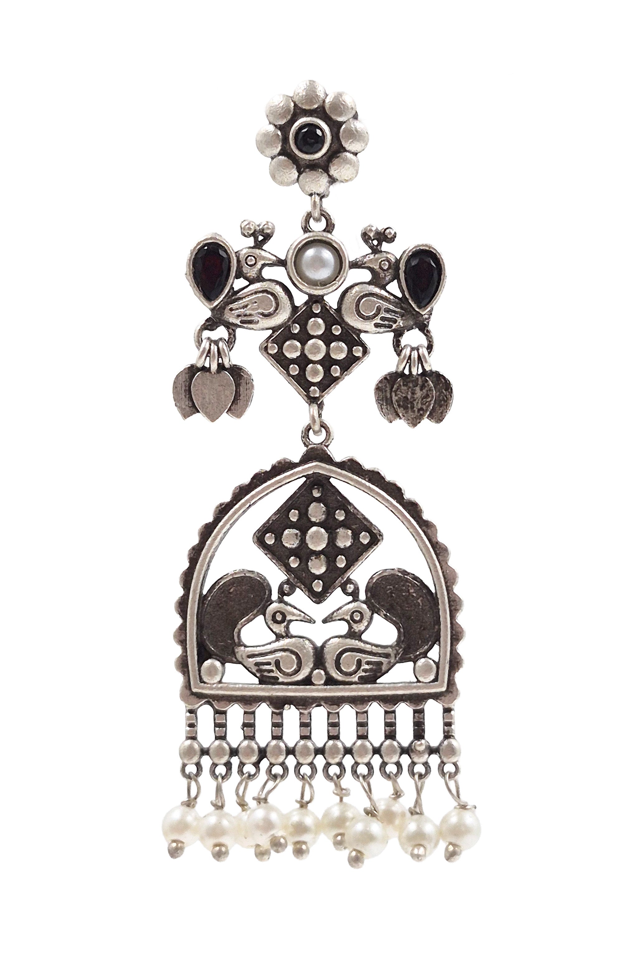 PEACOCK CHARM SILVER LOOKALIKE DANGLER EARRINGS