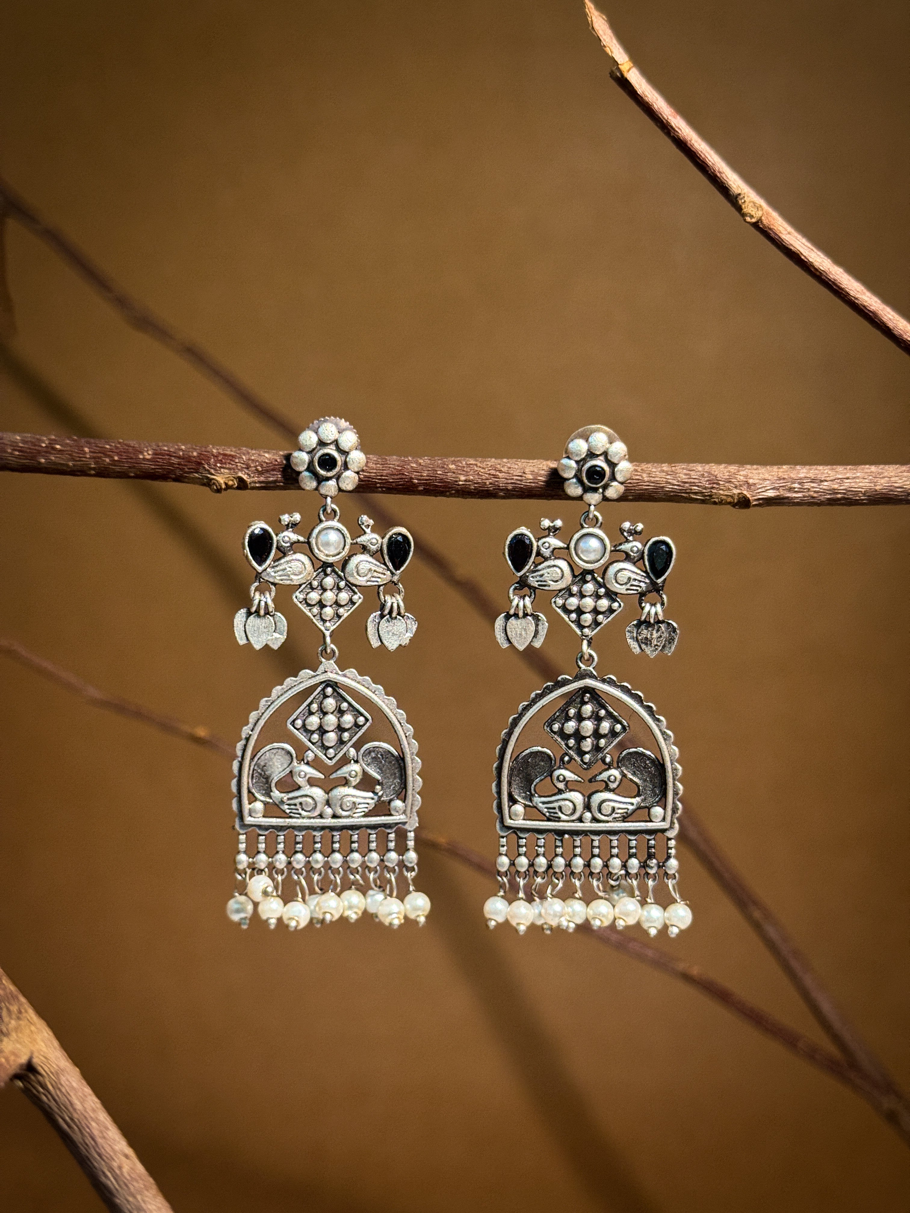 PEACOCK CHARM SILVER LOOKALIKE DANGLER EARRINGS