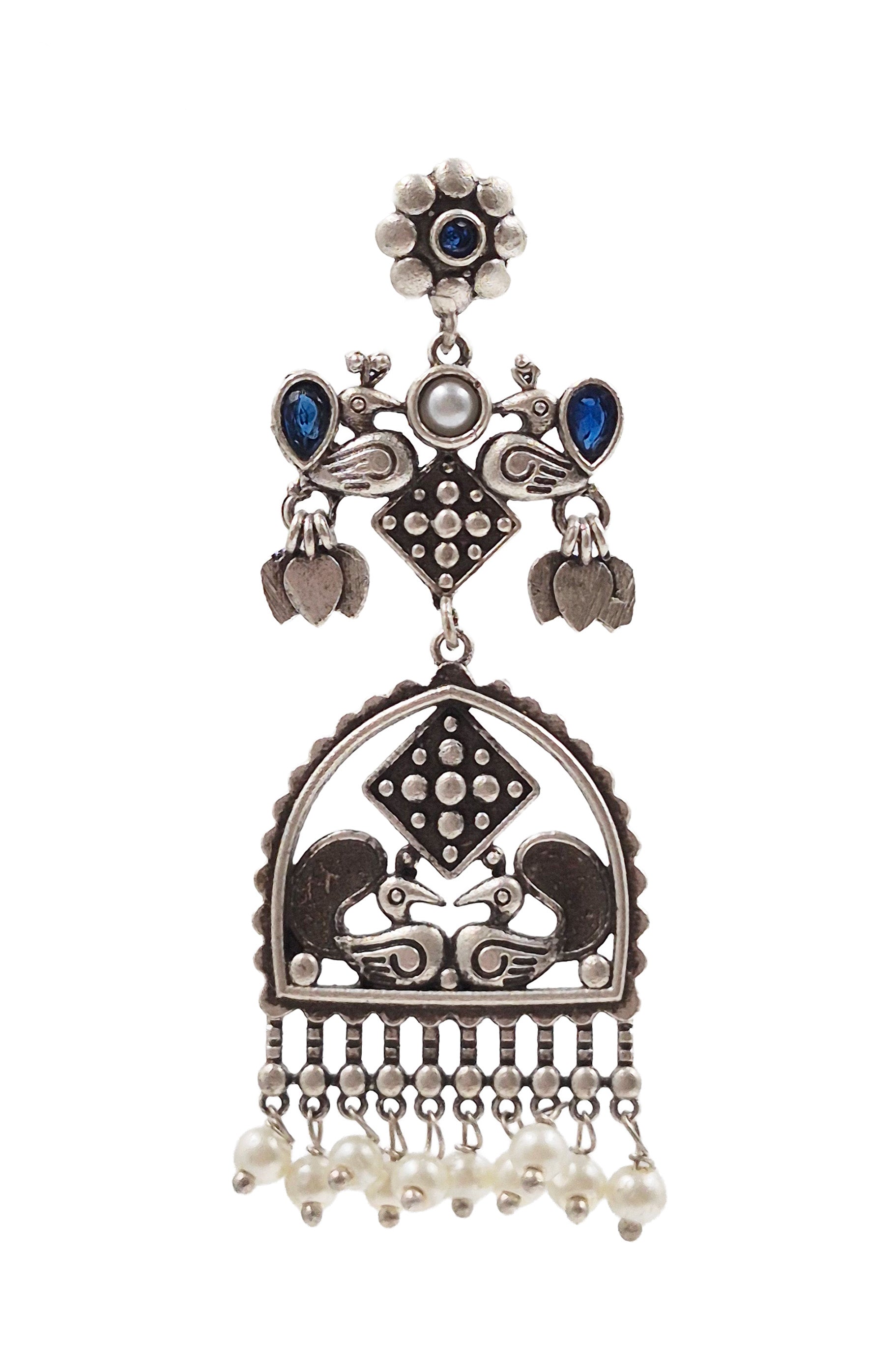 PEACOCK CHARM SILVER LOOKALIKE DANGLER EARRINGS
