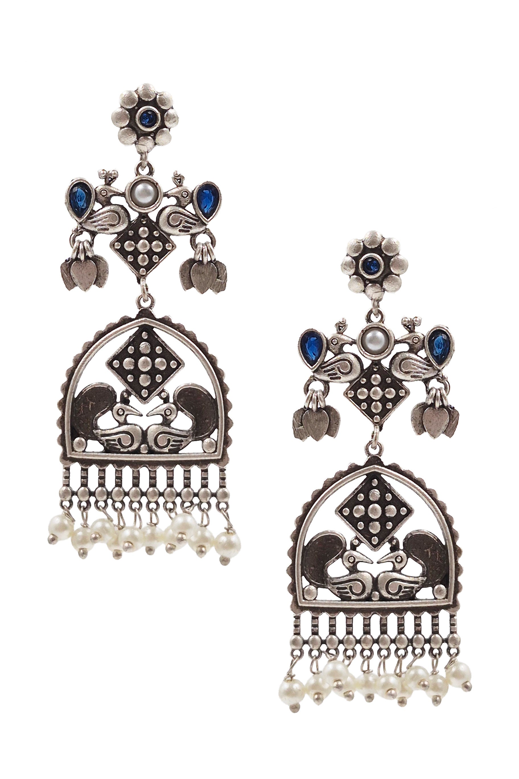 PEACOCK CHARM SILVER LOOKALIKE DANGLER EARRINGS