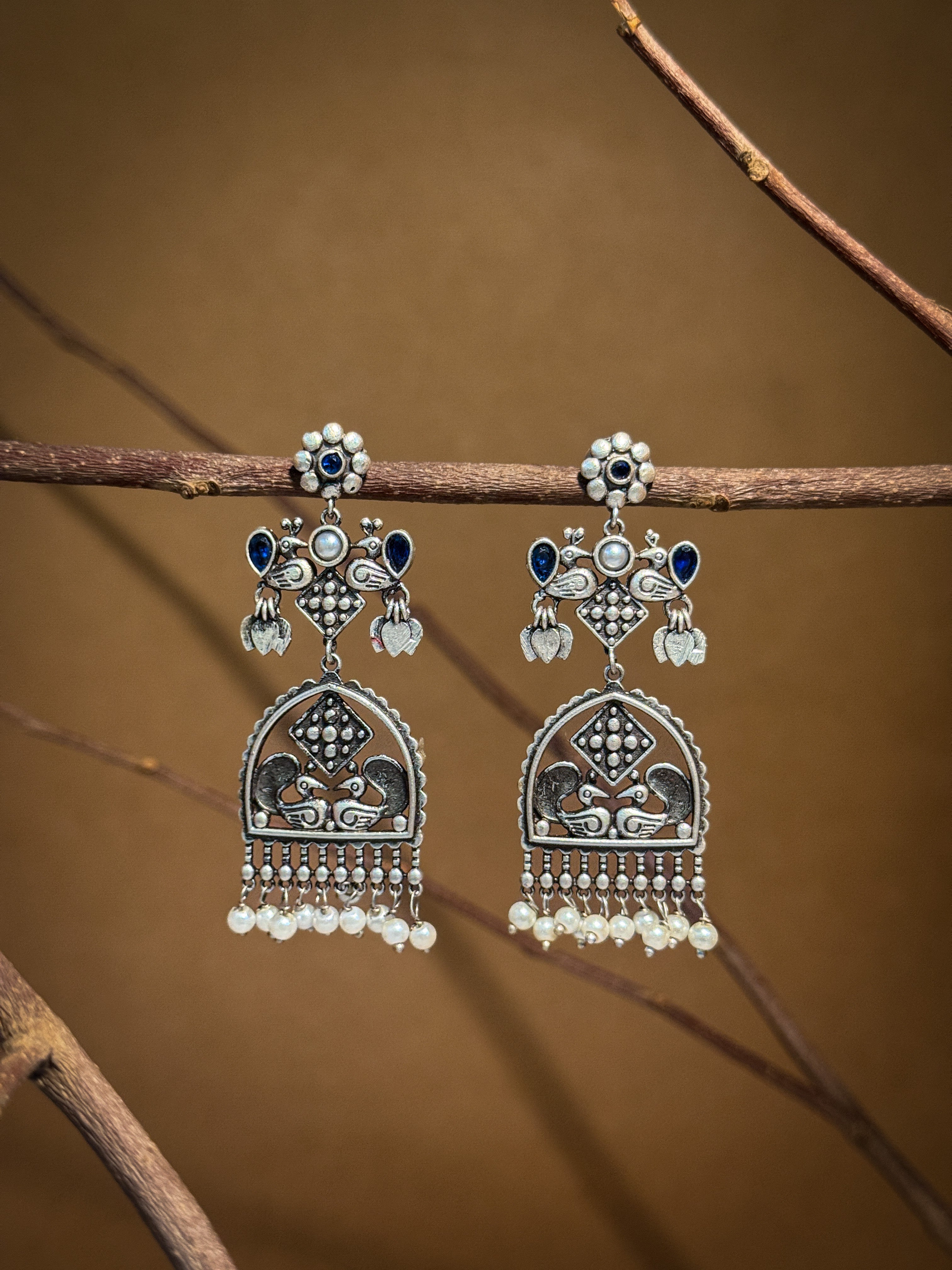 PEACOCK CHARM SILVER LOOKALIKE DANGLER EARRINGS