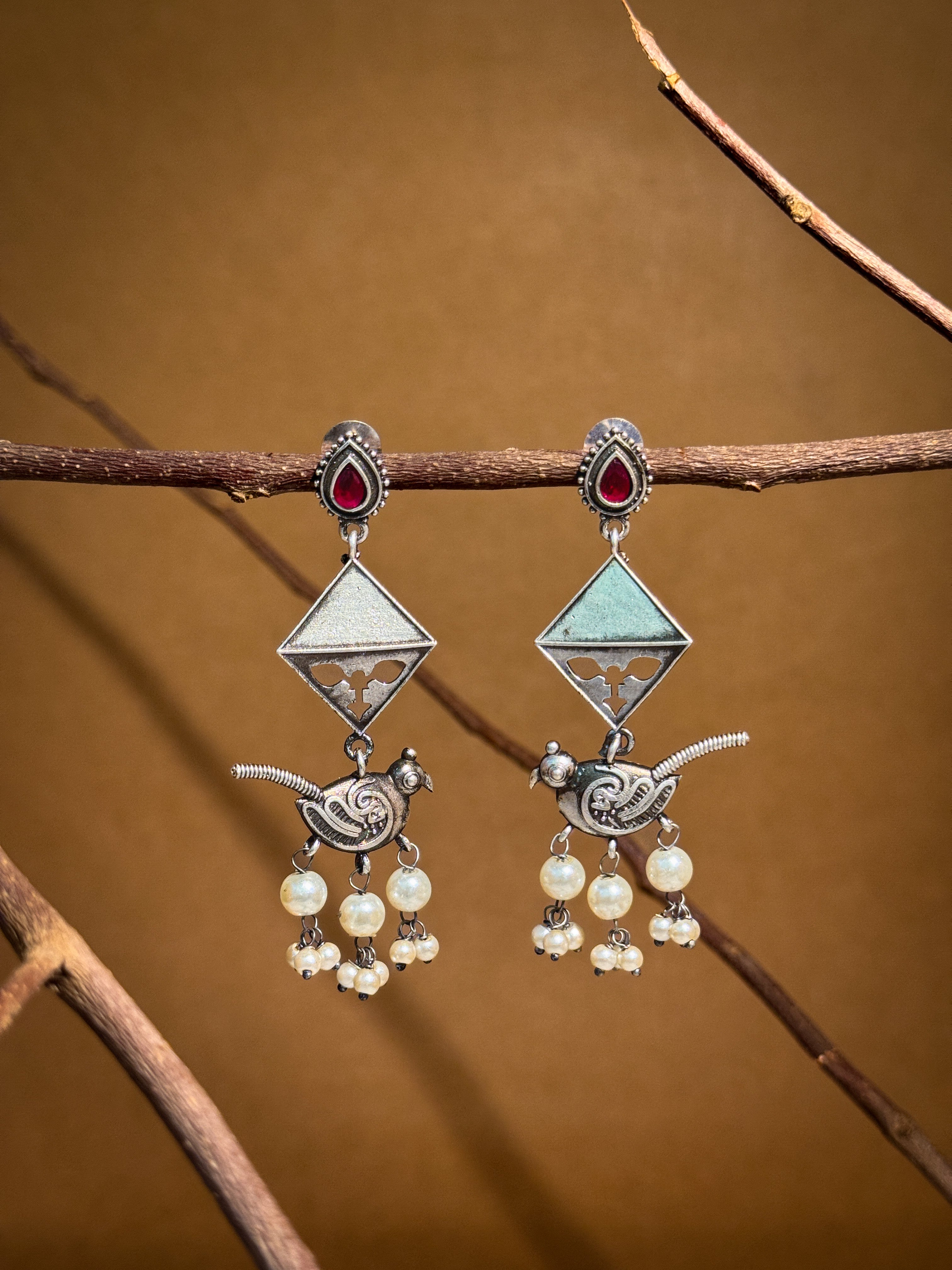 Parrot Charm Silver Lookalike Dangler Earrings