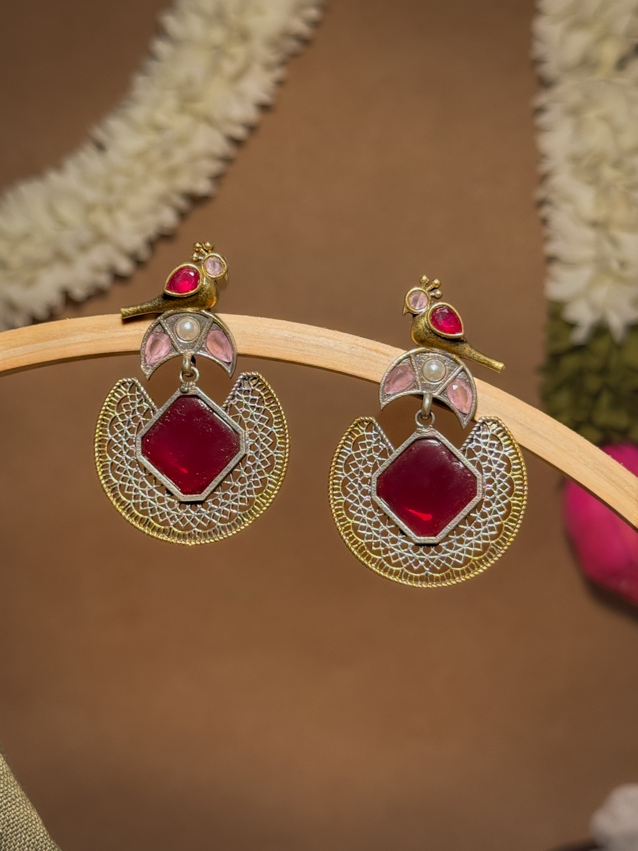 ROYAL PEACOCK FILIGREE STONE EARRINGS