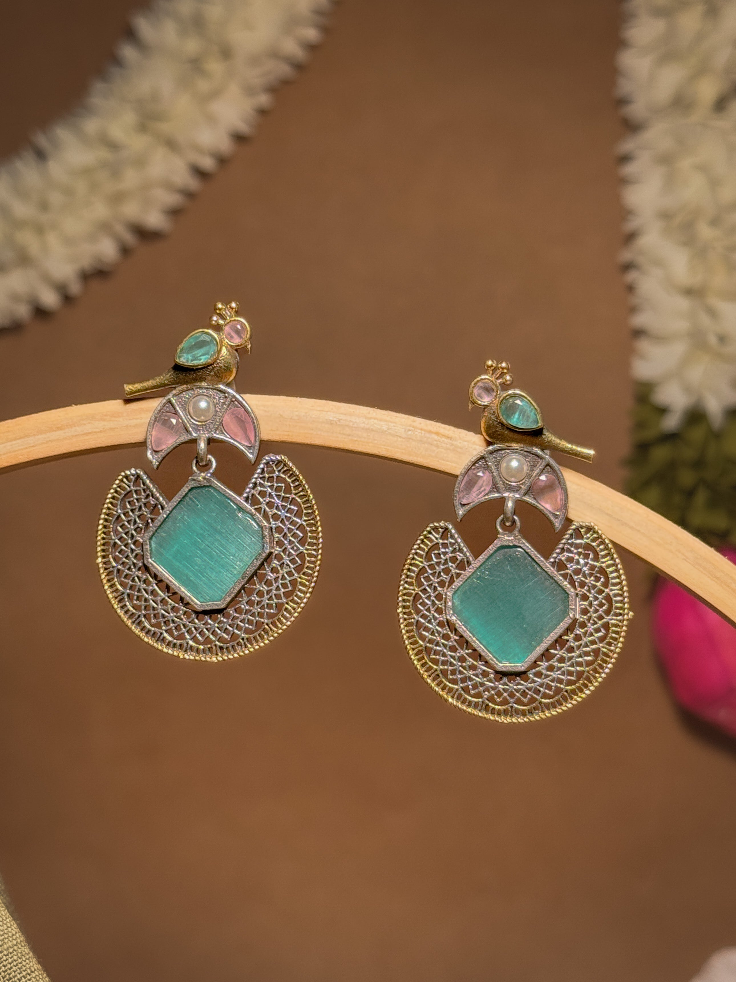 ROYAL PEACOCK FILIGREE STONE EARRINGS