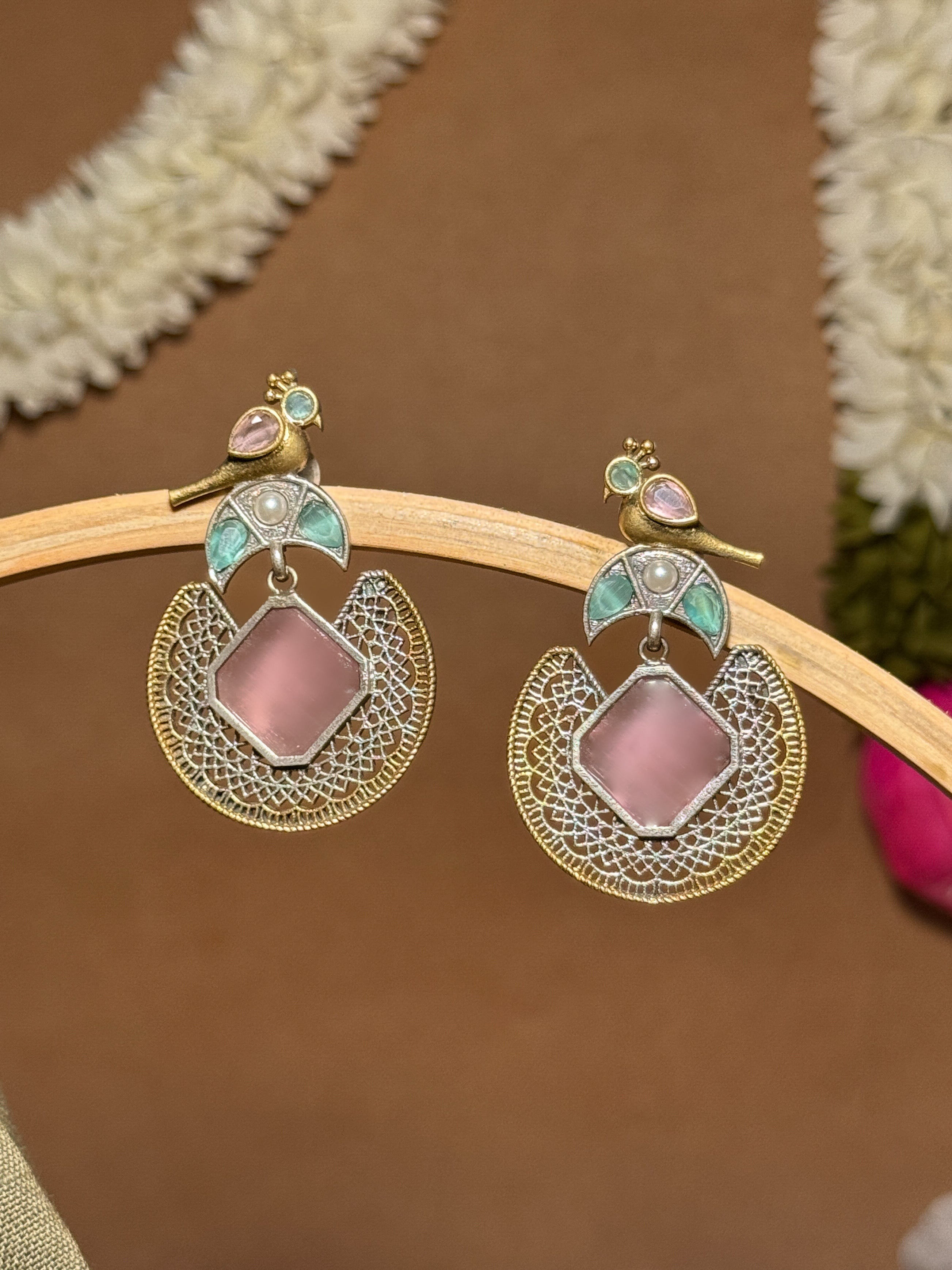 ROYAL PEACOCK FILIGREE STONE EARRINGS