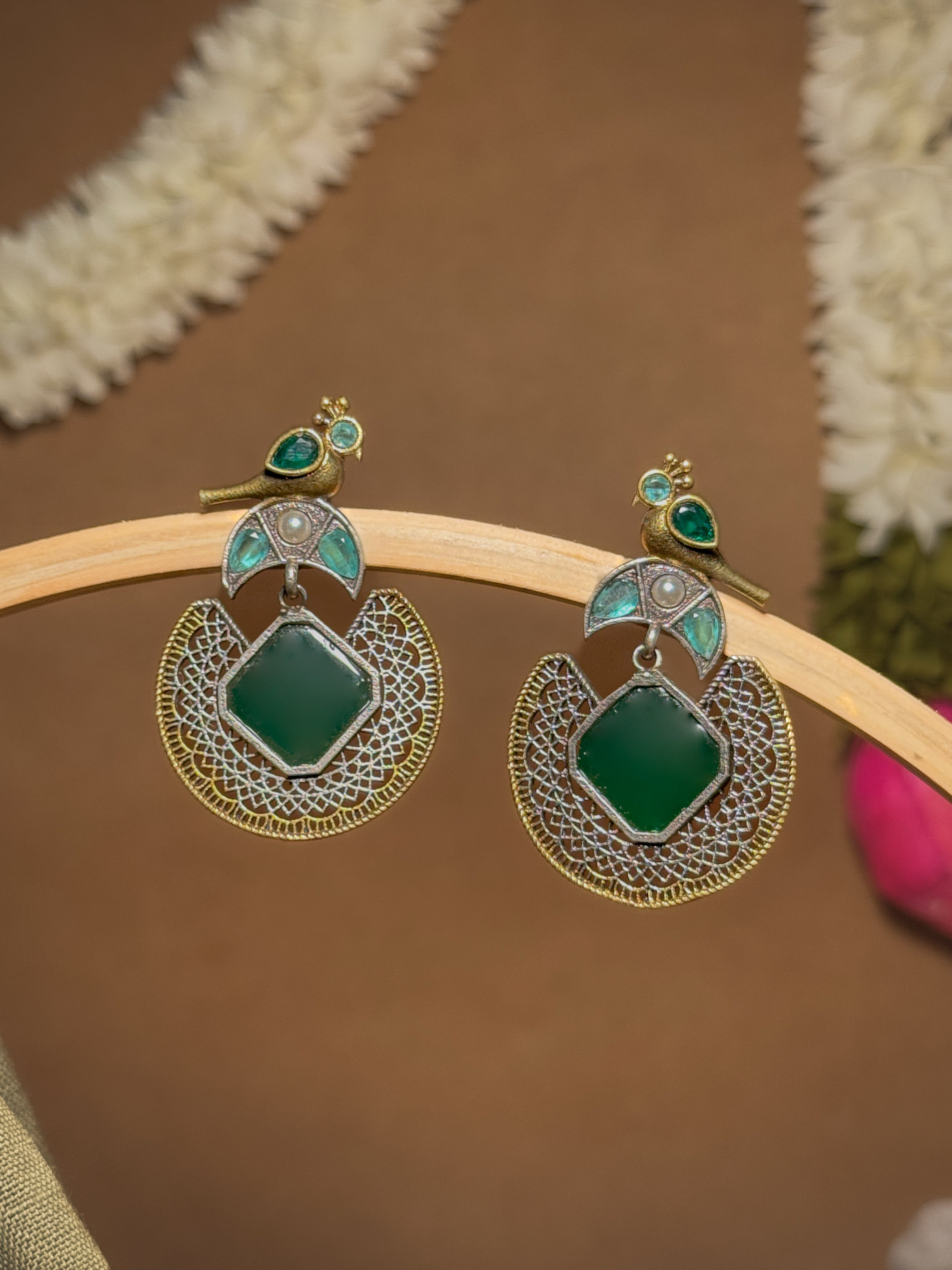 ROYAL PEACOCK FILIGREE STONE EARRINGS